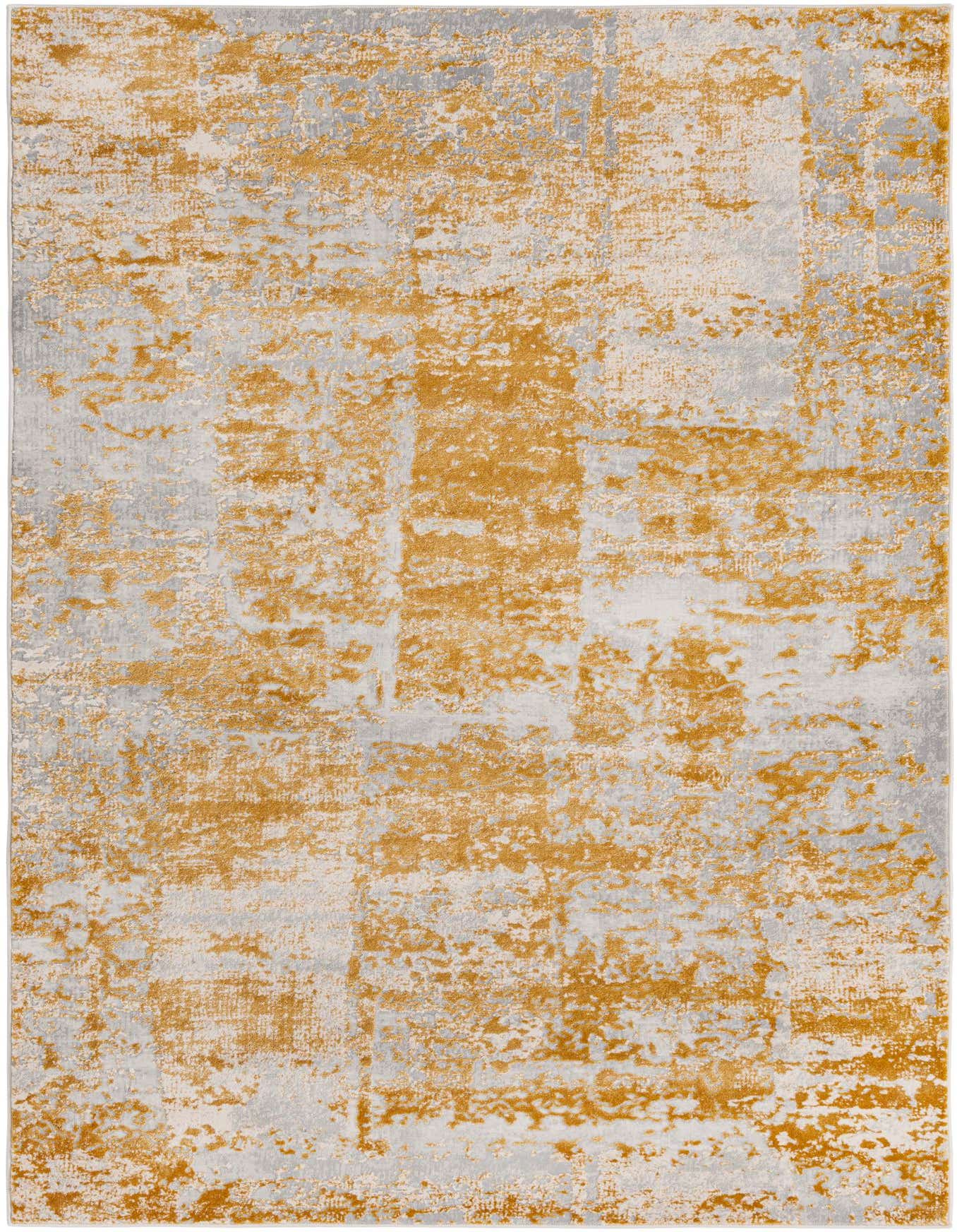 A 5x8 rectangular Finsbury rug with a modern abstract pattern in varying shades of yellow and gold over a light grey background.