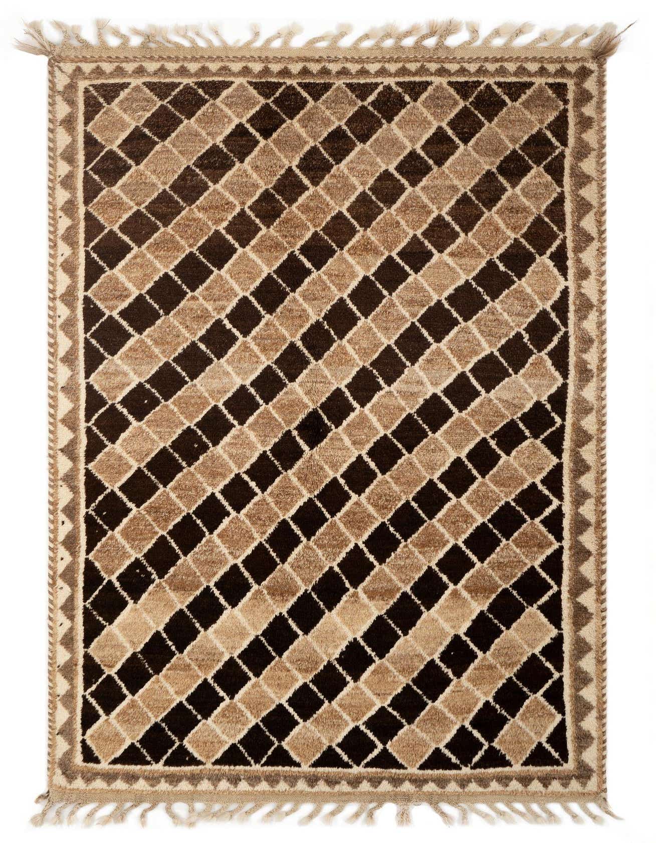 A 4x6 rectangular Gabbeh rug featuring a modern Persian diamond pattern in varying shades of brown and beige, with decorative fringed edges.