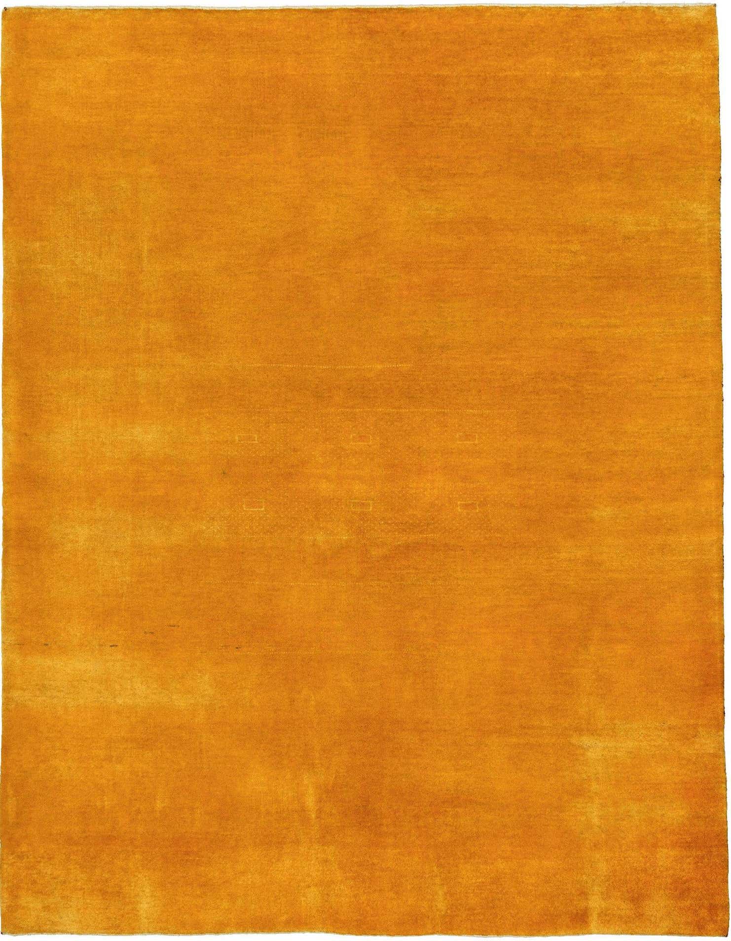 A 4x6 rectangular Gabbeh rug in a rich golden yellow, made from sheep virgin wool, featuring a modern, solid design with subtle texture variations.