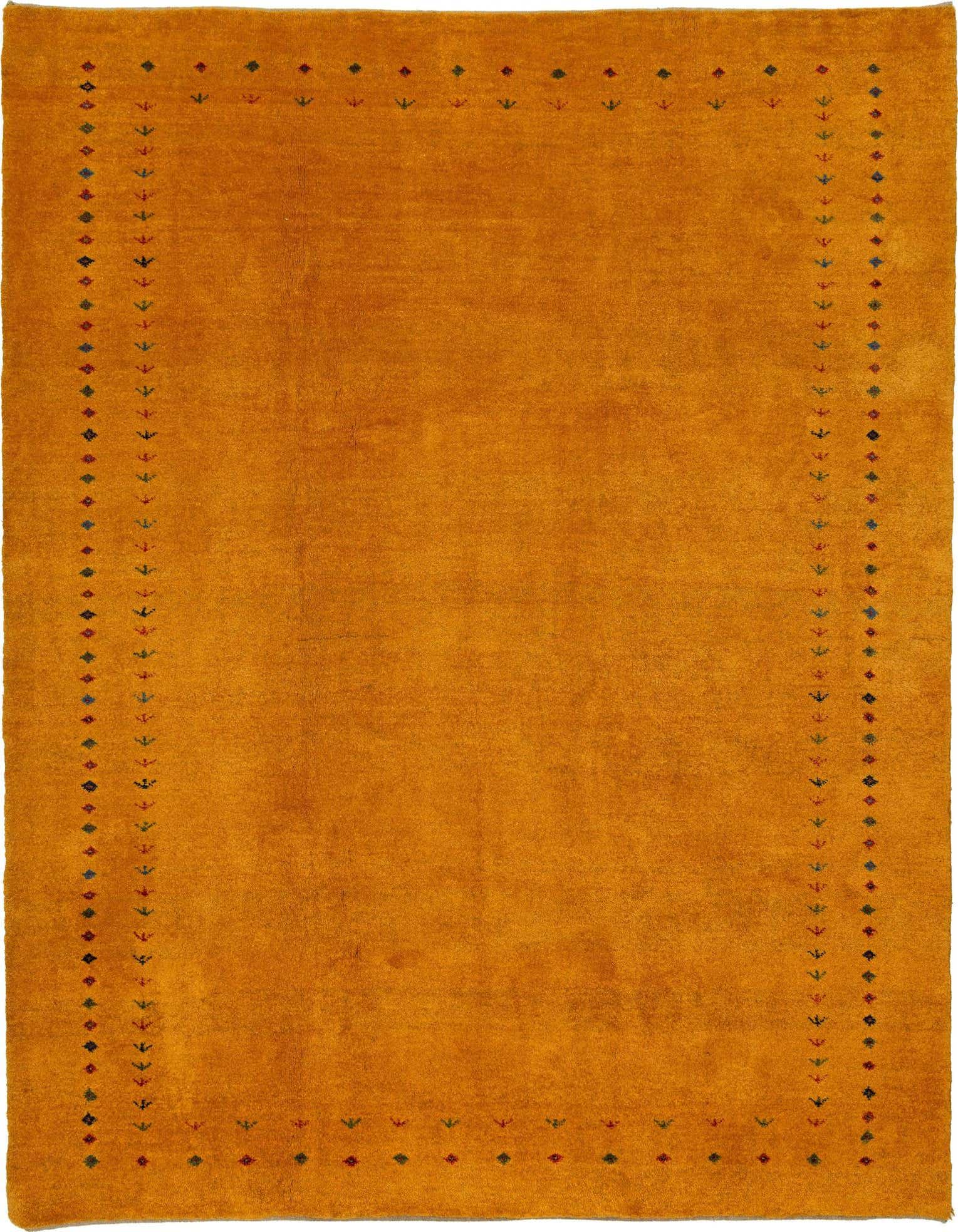 A 4x6 rectangular Gabbeh Shouli rug in a rich yellow-gold color with a subtle, colorful geometric border.