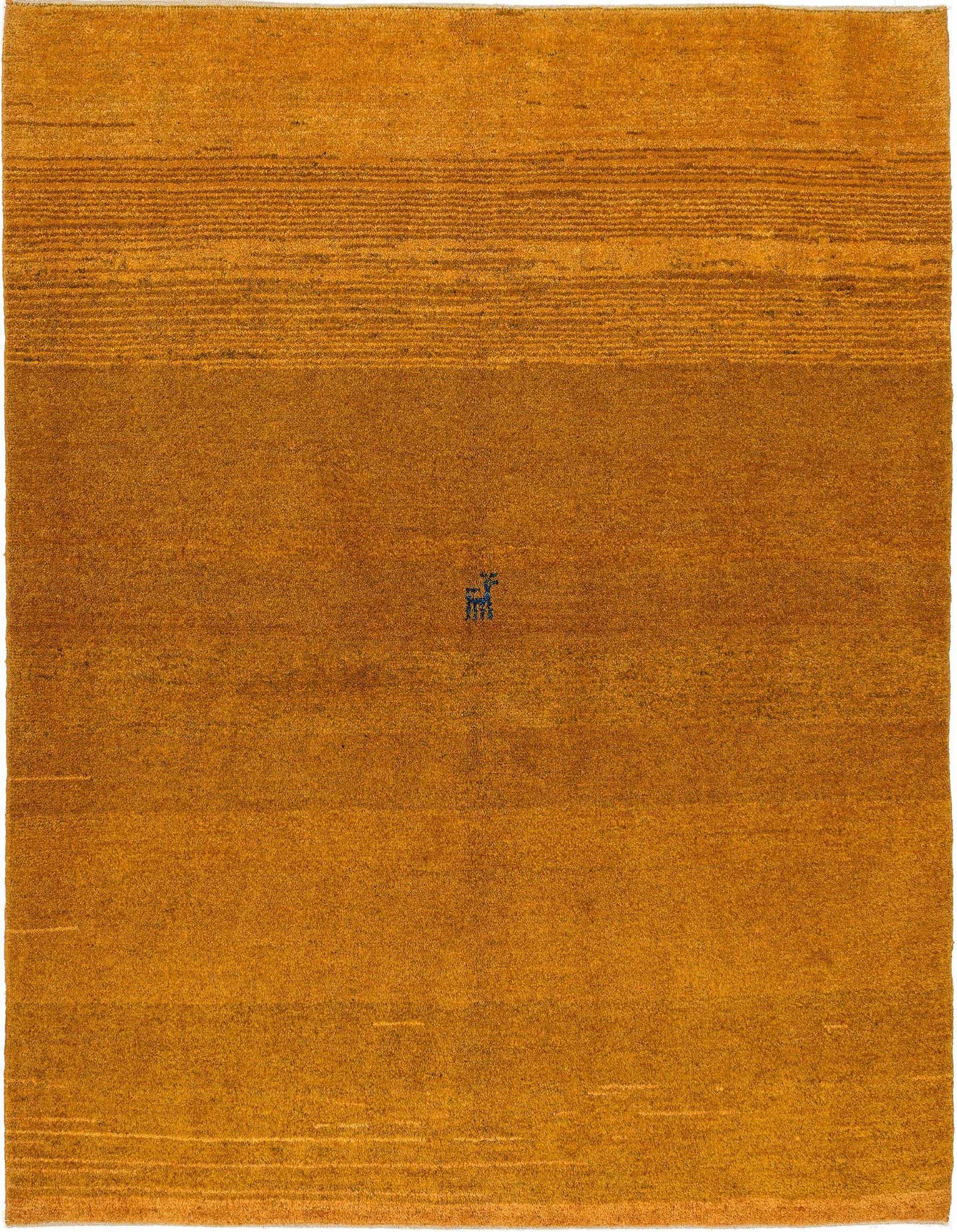 A 5x8 rectangular Gabbeh Shouli rug in varying shades of gold and yellow with a subtle striped pattern and a small, dark animal motif in the center.