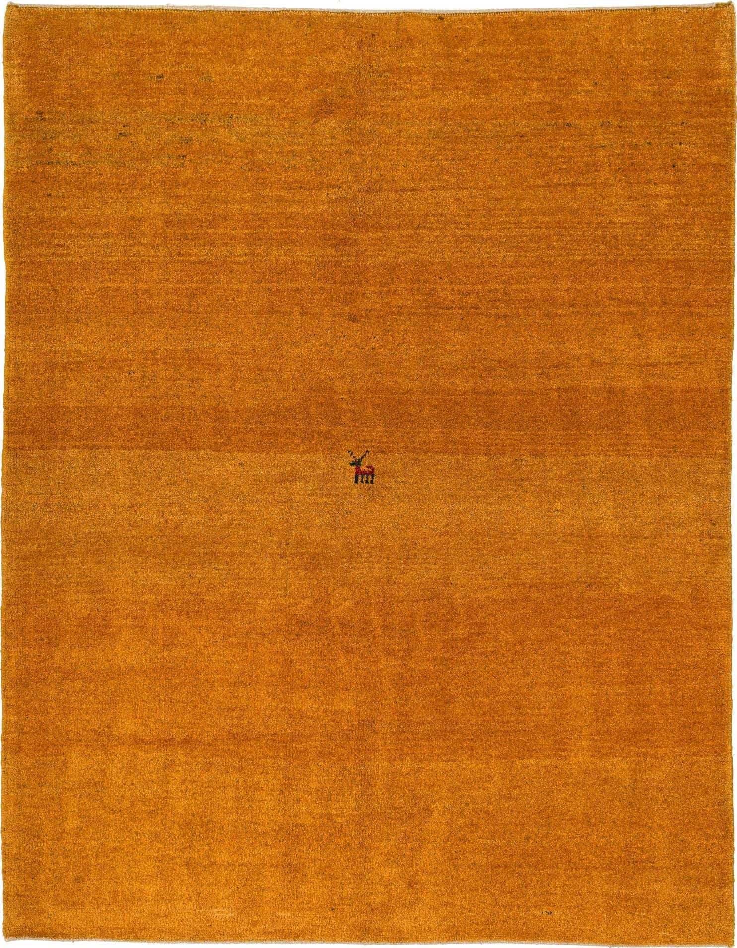 A 5x8 rectangular Gabbeh Shouli rug in a rich golden yellow, featuring a subtle, small, dark brown animal motif in the center, perfect for a modern living room.