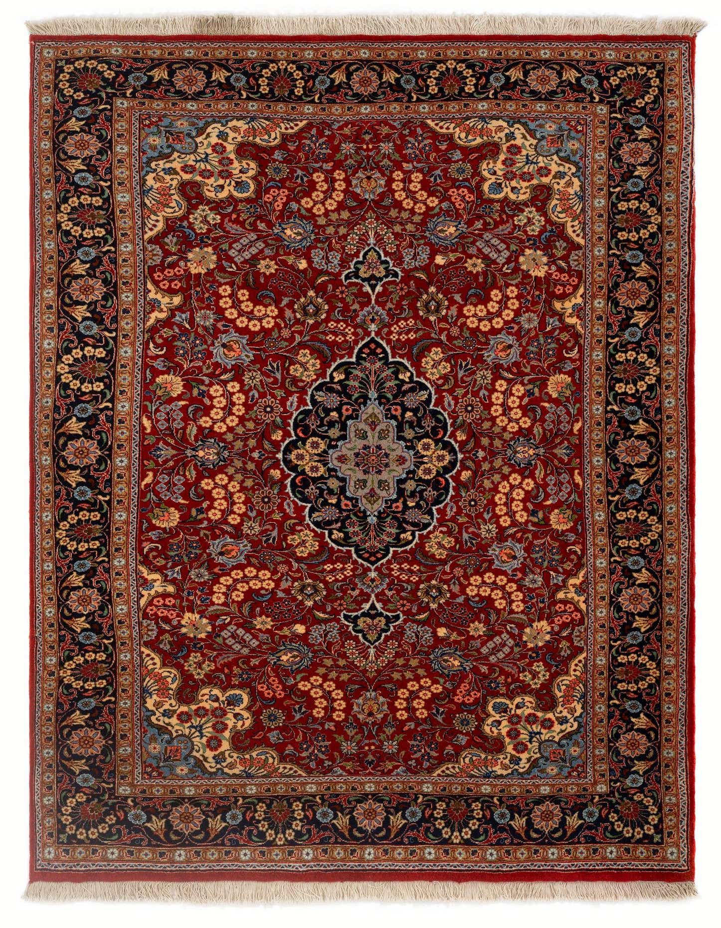 A 4x6 rectangular Gazwin Persian rug featuring a rich red field with intricate yellow, blue, and black floral patterns, and a dark border.