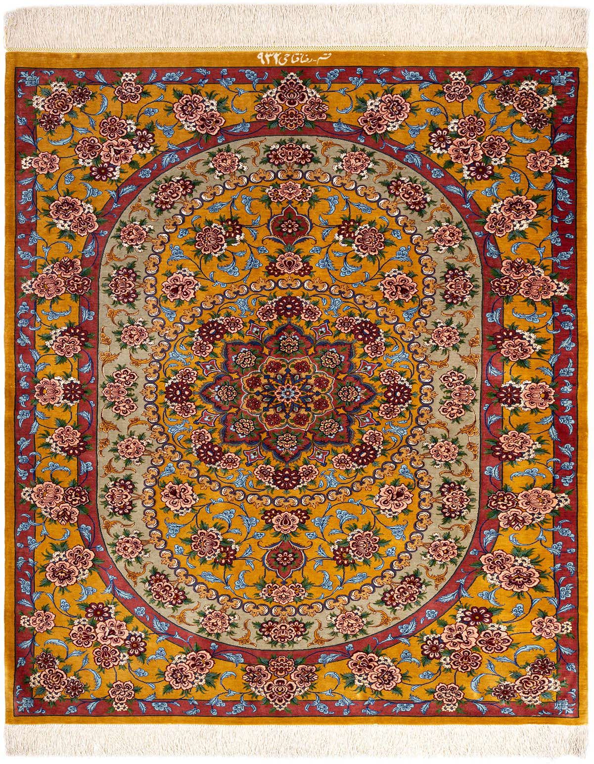 A 3x5 rectangular Ghom Silk rug featuring a traditional Persian floral pattern in yellows, golds, pinks, and blues, with a central medallion.