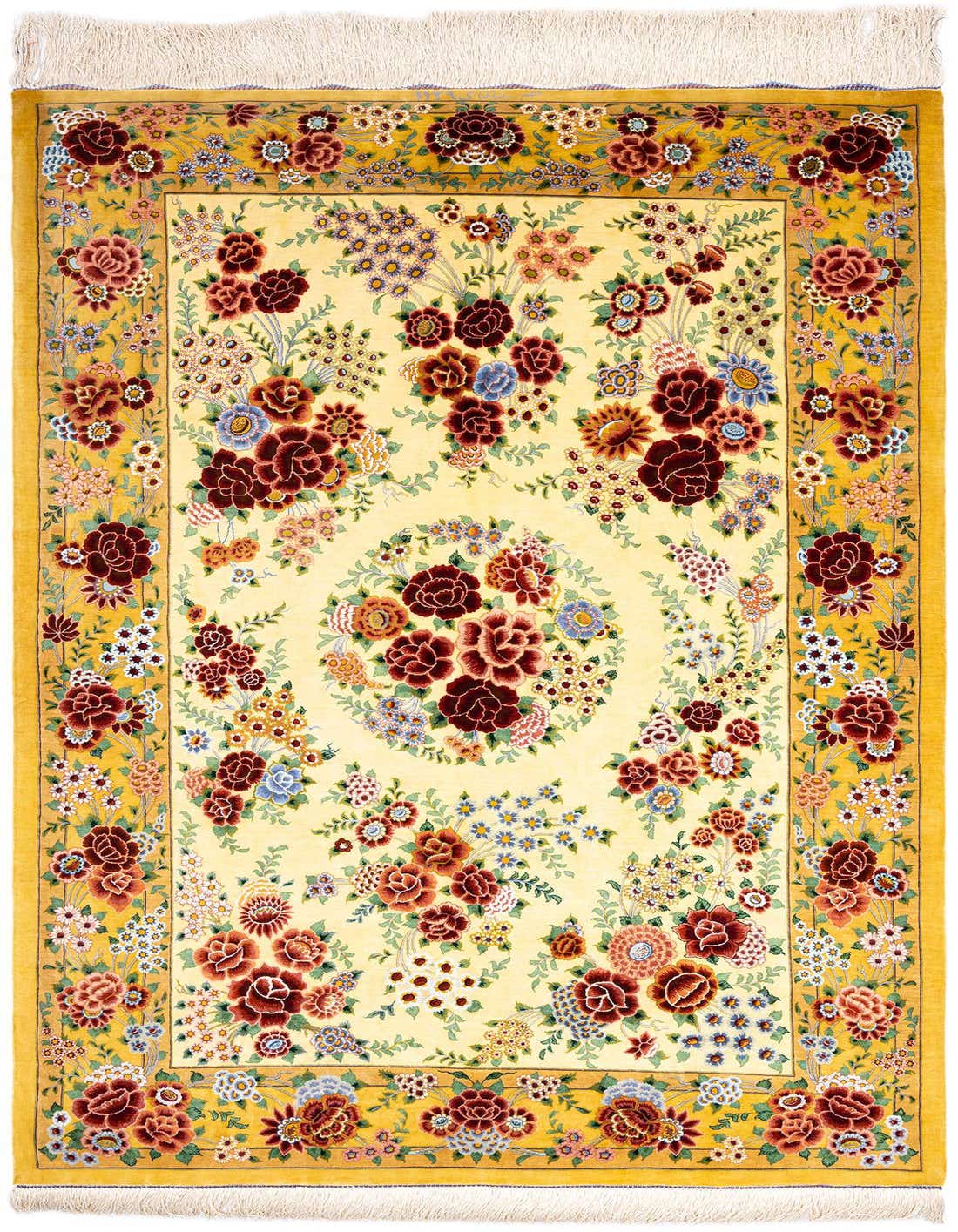 A 3x5 rectangular Ghom Silk Persian rug featuring a vibrant yellow field with an intricate floral pattern in reds, blues, and golds, framed by a matching border.