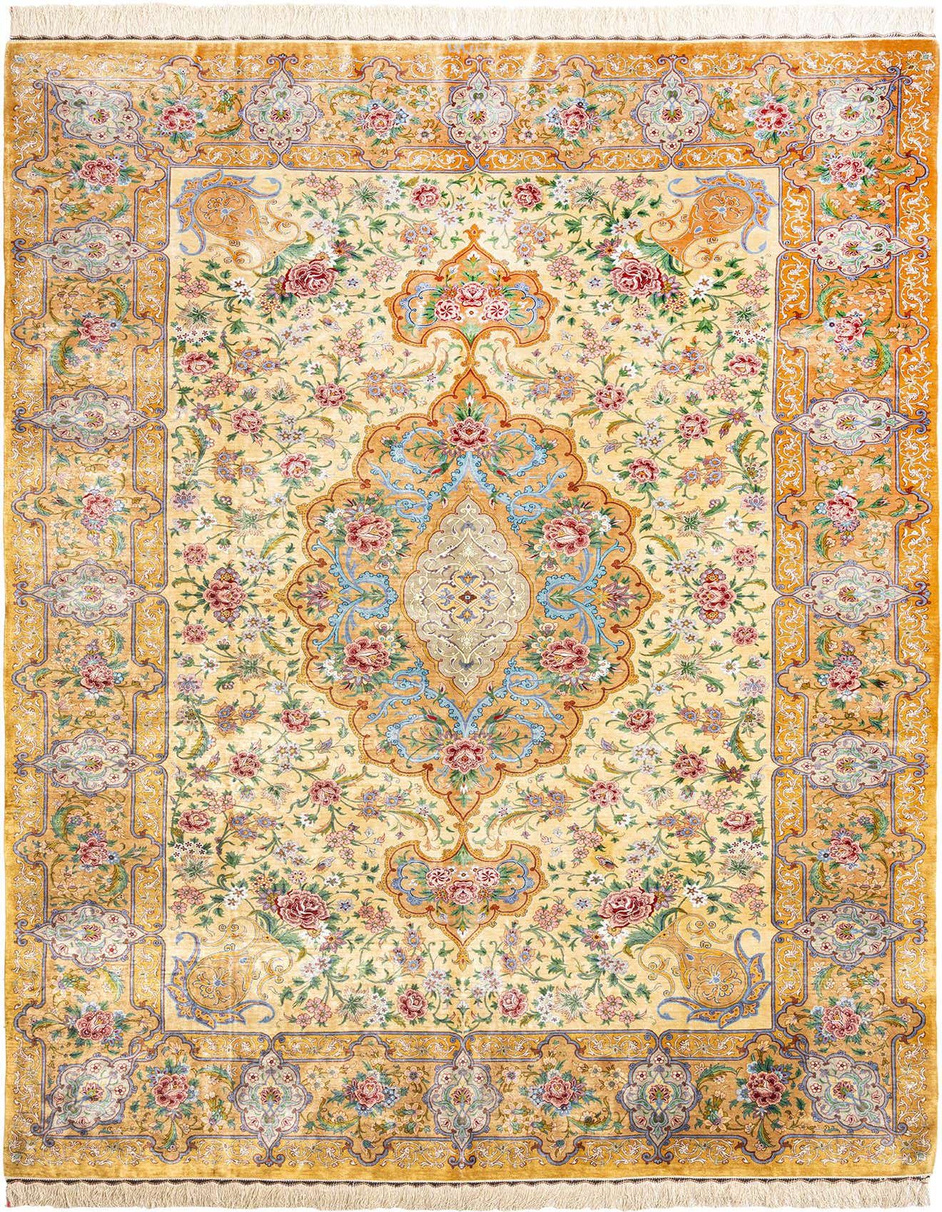 A 7x10 rectangular Ghom Silk Persian rug with a yellow and gold background, featuring a traditional floral medallion pattern in red, blue, and green.