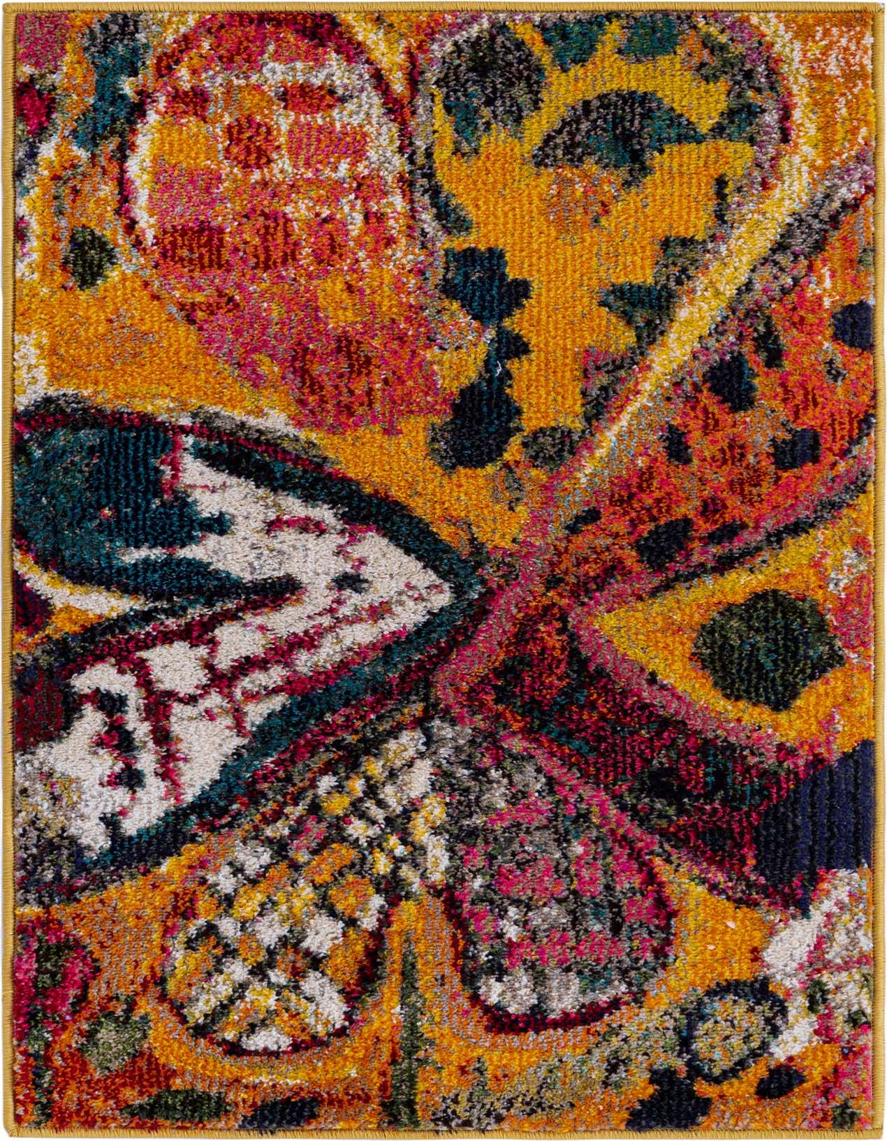 A vibrant 2x3 rectangular Haerfest rug with an abstract pattern in yellows, golds, pinks, and teal.