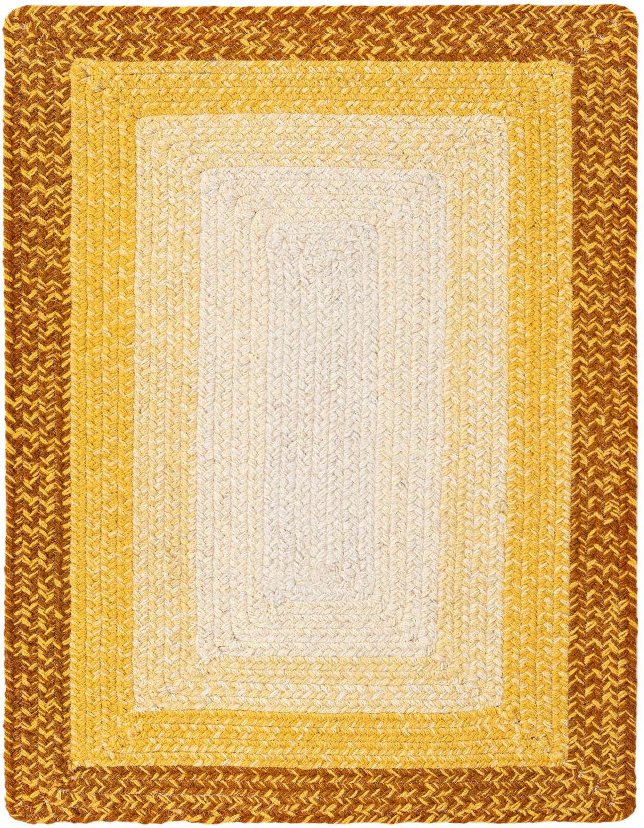 A 2x3 rectangular hand-braided wool rug featuring a modern stripe pattern in varying shades of yellow and gold.