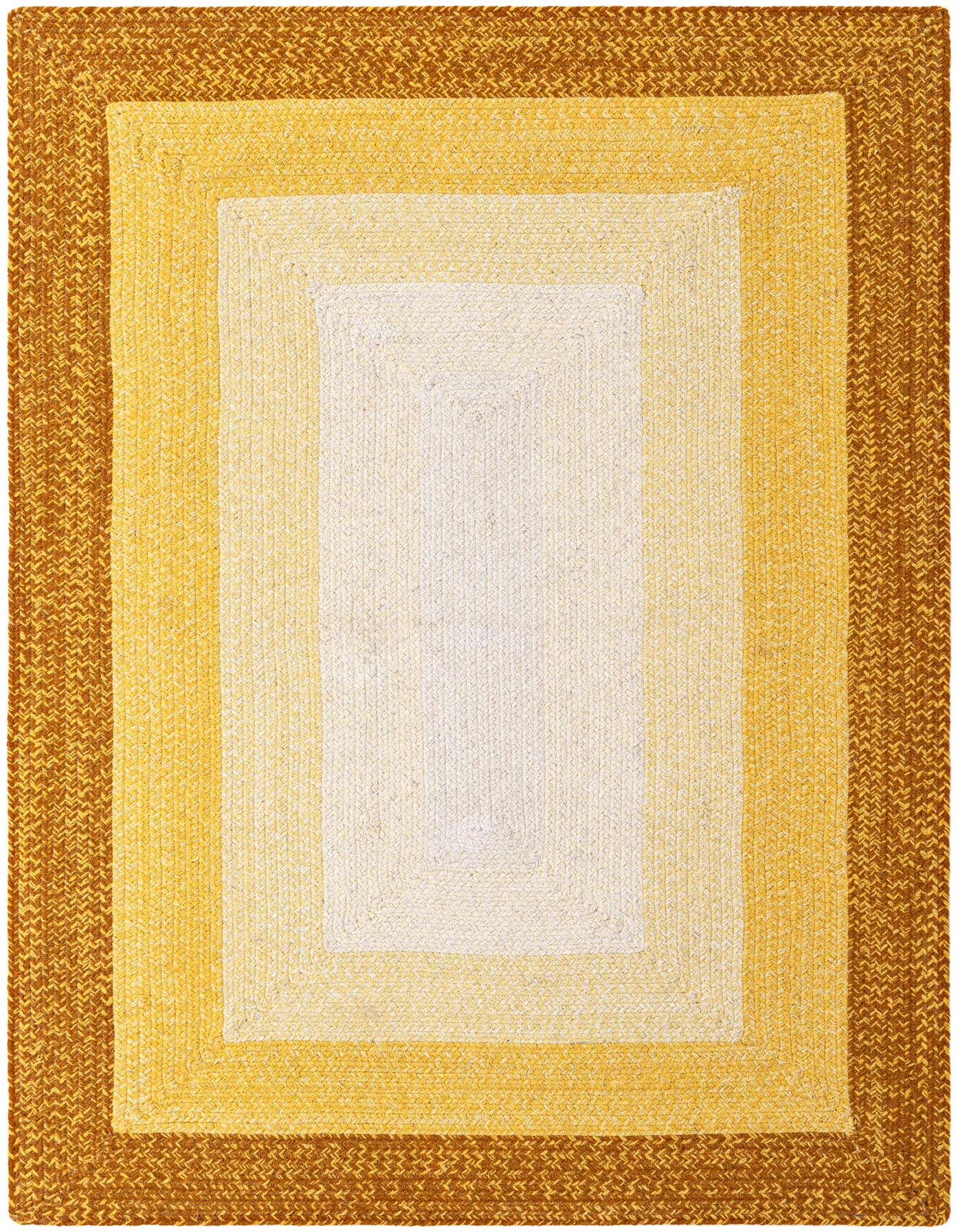 A 4x6 rectangular braided wool rug featuring an ombre stripe pattern in shades of gold, yellow, and cream.