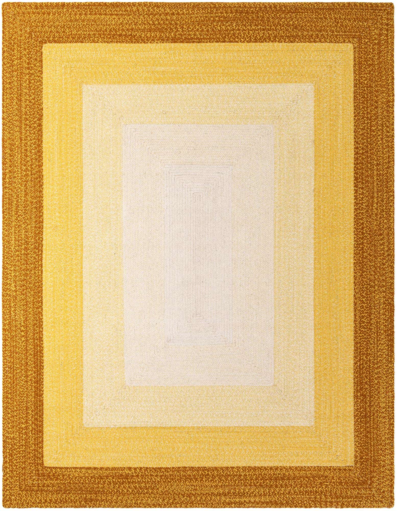 An 8x10 rectangular hand-braided wool rug featuring a modern ombre design in shades of yellow and gold.