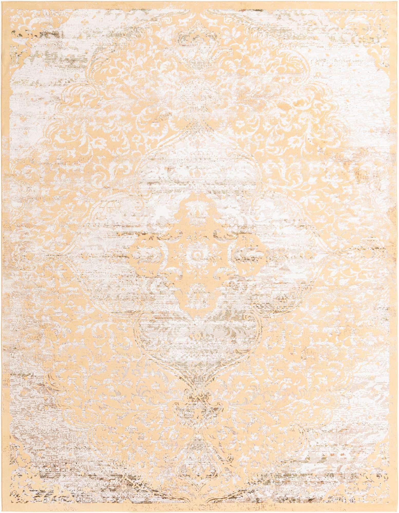 A 9x12 rectangular yellow and gold traditional medallion area rug with a vintage, distressed look.