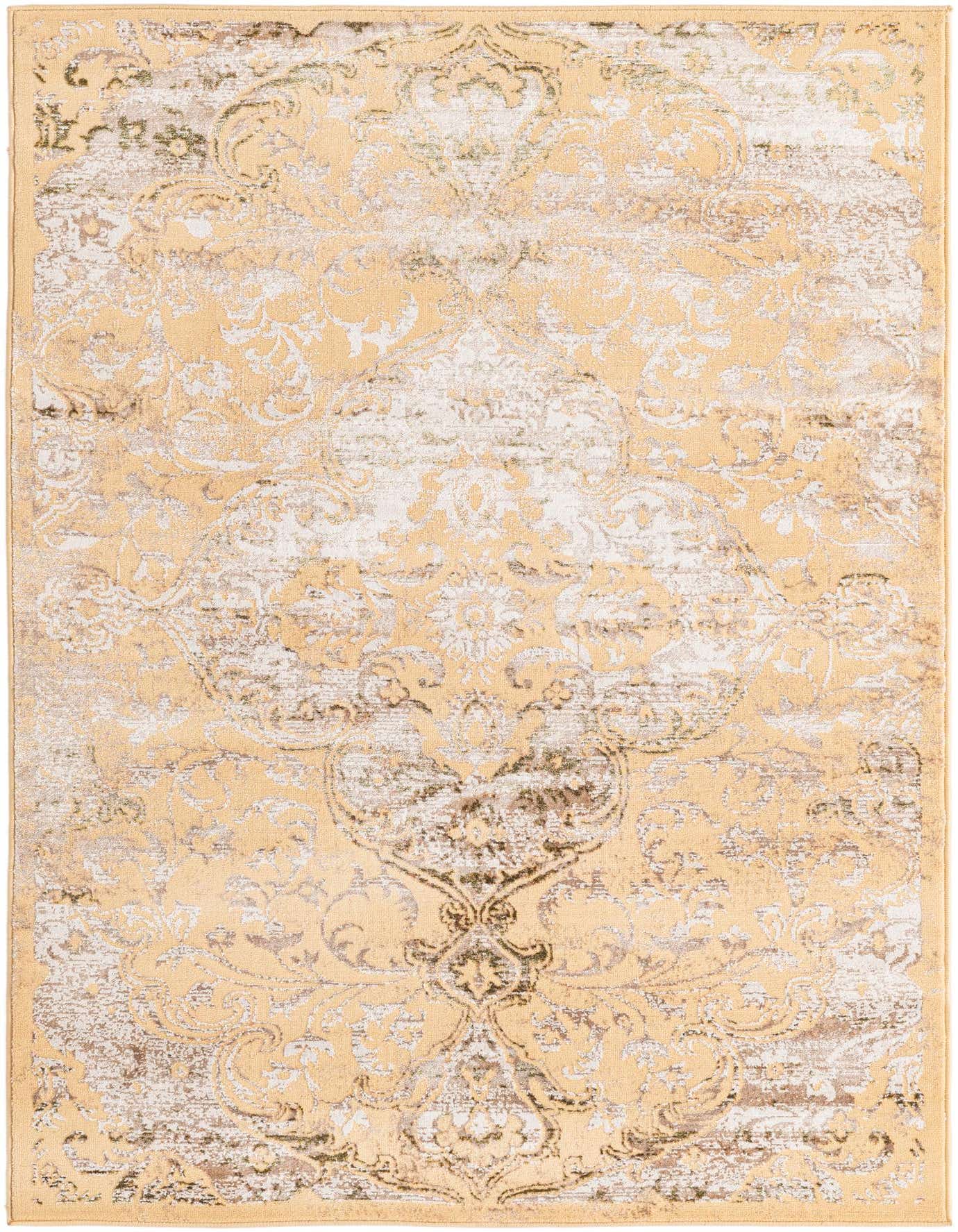 A 4x6 rectangular yellow and gold area rug with a distressed traditional medallion pattern, ideal for a living room or office.