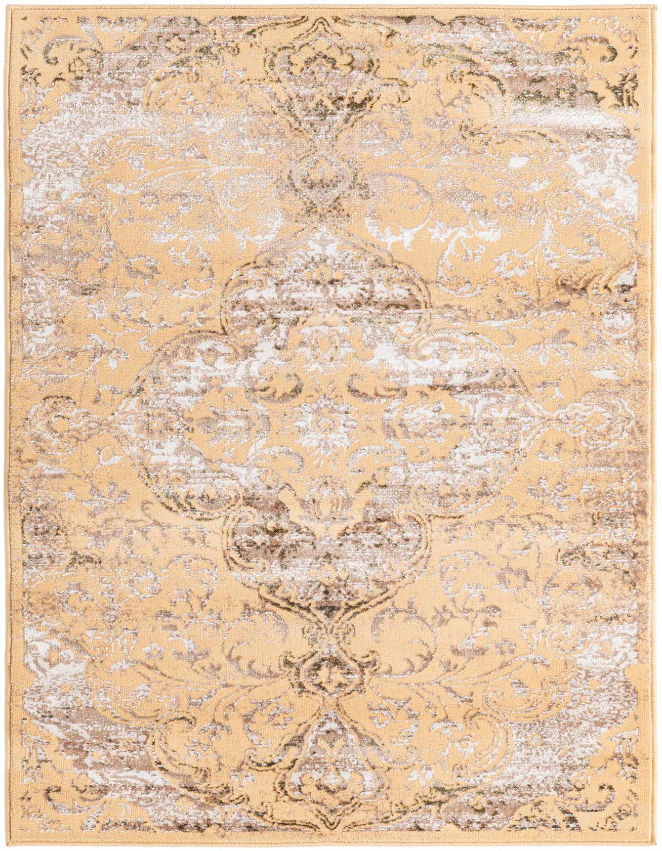 A 3x5 rectangular Highbury rug in yellows and golds with a distressed traditional medallion pattern, ideal for indoor spaces.