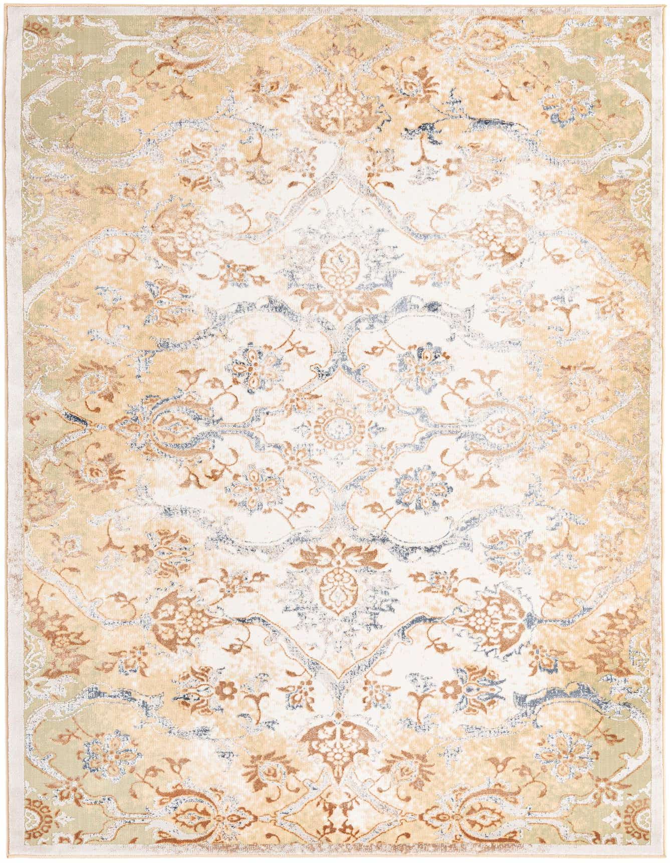 A 5x8 rectangular Highbury rug featuring a distressed traditional floral pattern in yellows, golds, and subtle blues on a cream background.