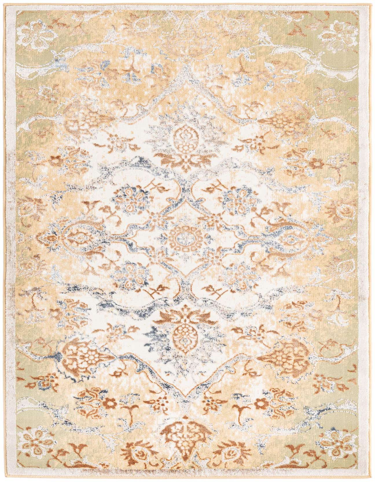 A 3x5 rectangular Highbury rug with a distressed traditional floral pattern in yellows, golds, and muted blues on a cream background.