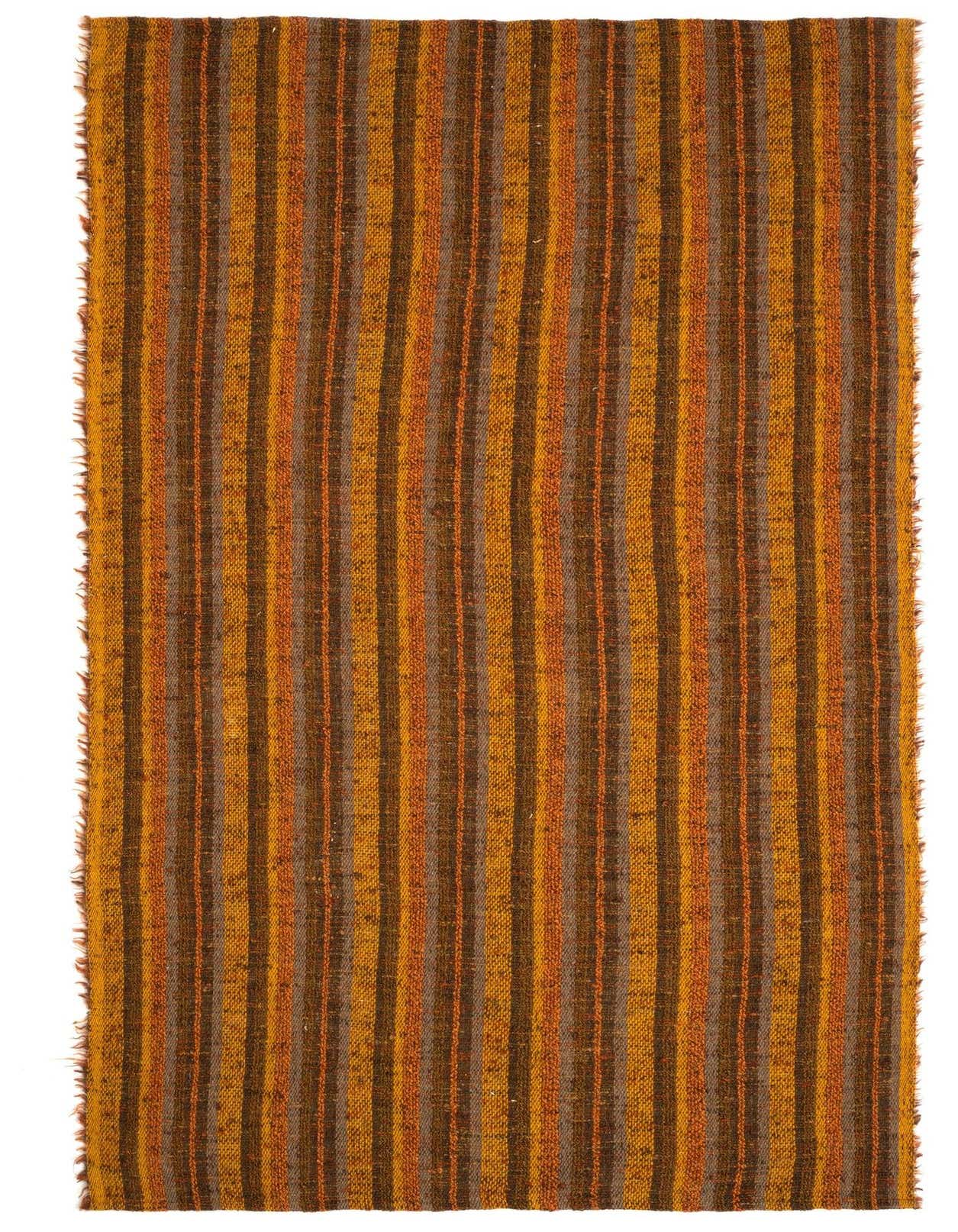 A 4x6 rectangular Persian rug with vertical stripes in varying shades of yellow, gold, and brown, featuring a medium pile and handmade texture.