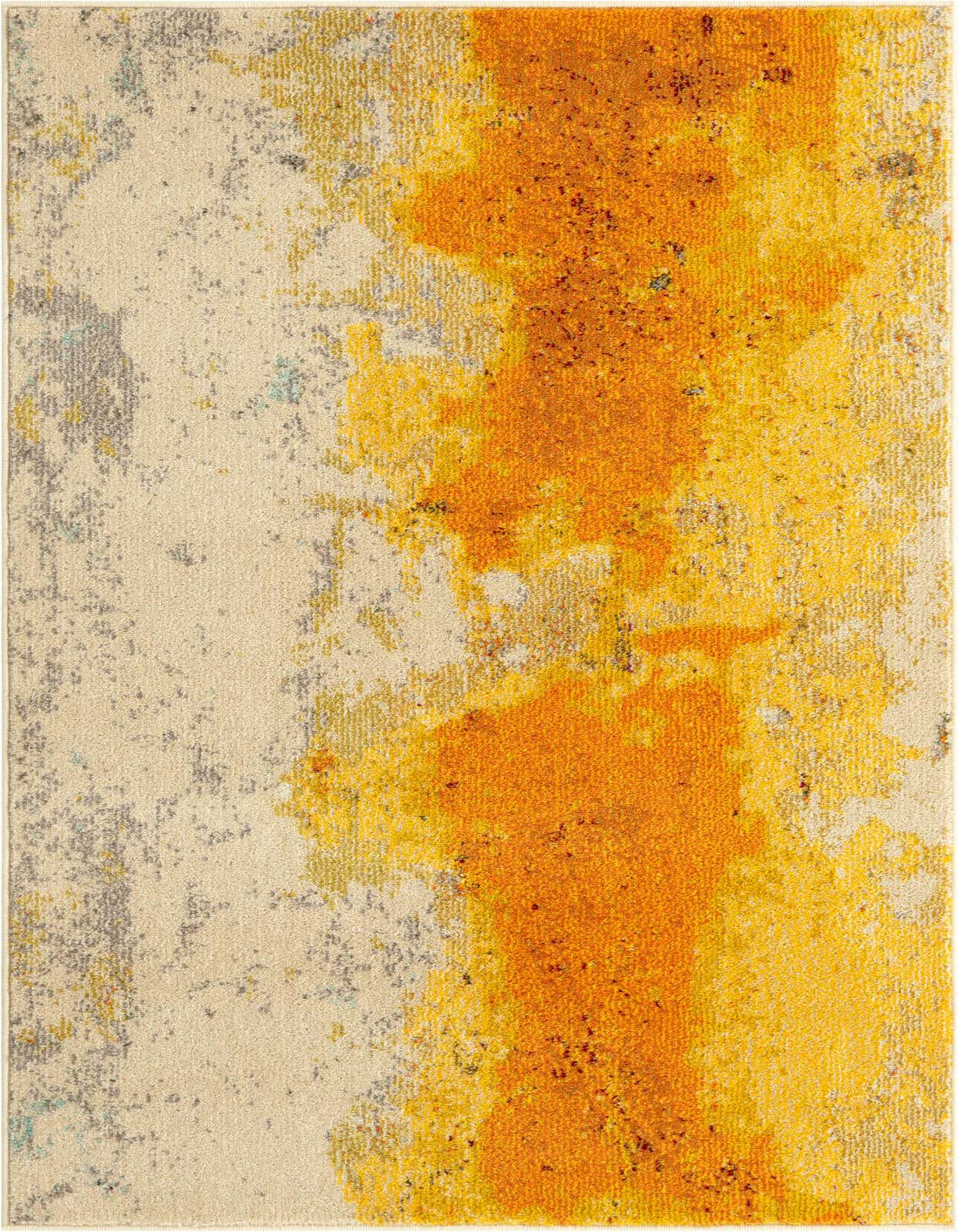 A 3x5 rectangular modern abstract rug featuring bold yellow and gold brushstroke patterns over a light beige and gray background, ideal for a kitchen or entryway.