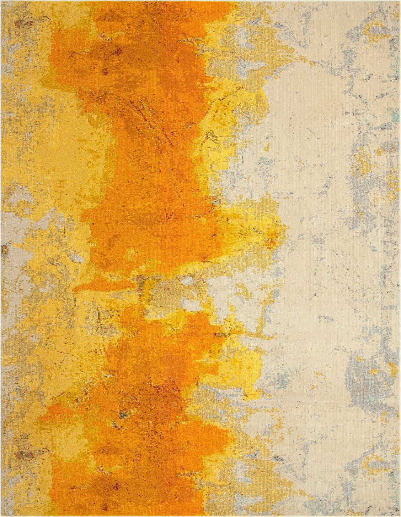 Rectangular Hyacinth rug with an abstract modern design featuring bold yellow and gold brushstrokes on a cream background.
