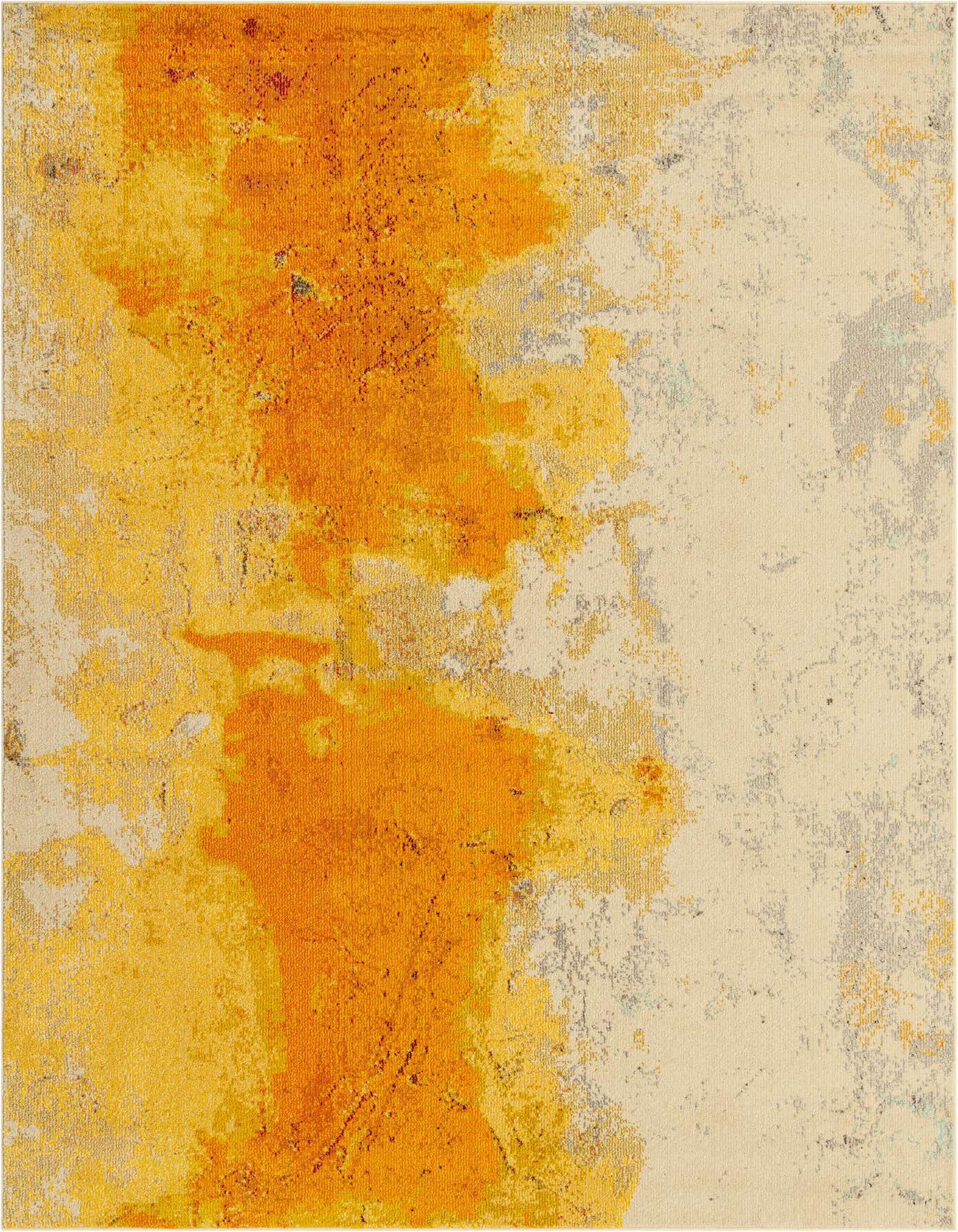 A 7x10 rectangular Hyacinth rug featuring a modern abstract design with vibrant yellows and golds against a light beige background, ideal for a living room.