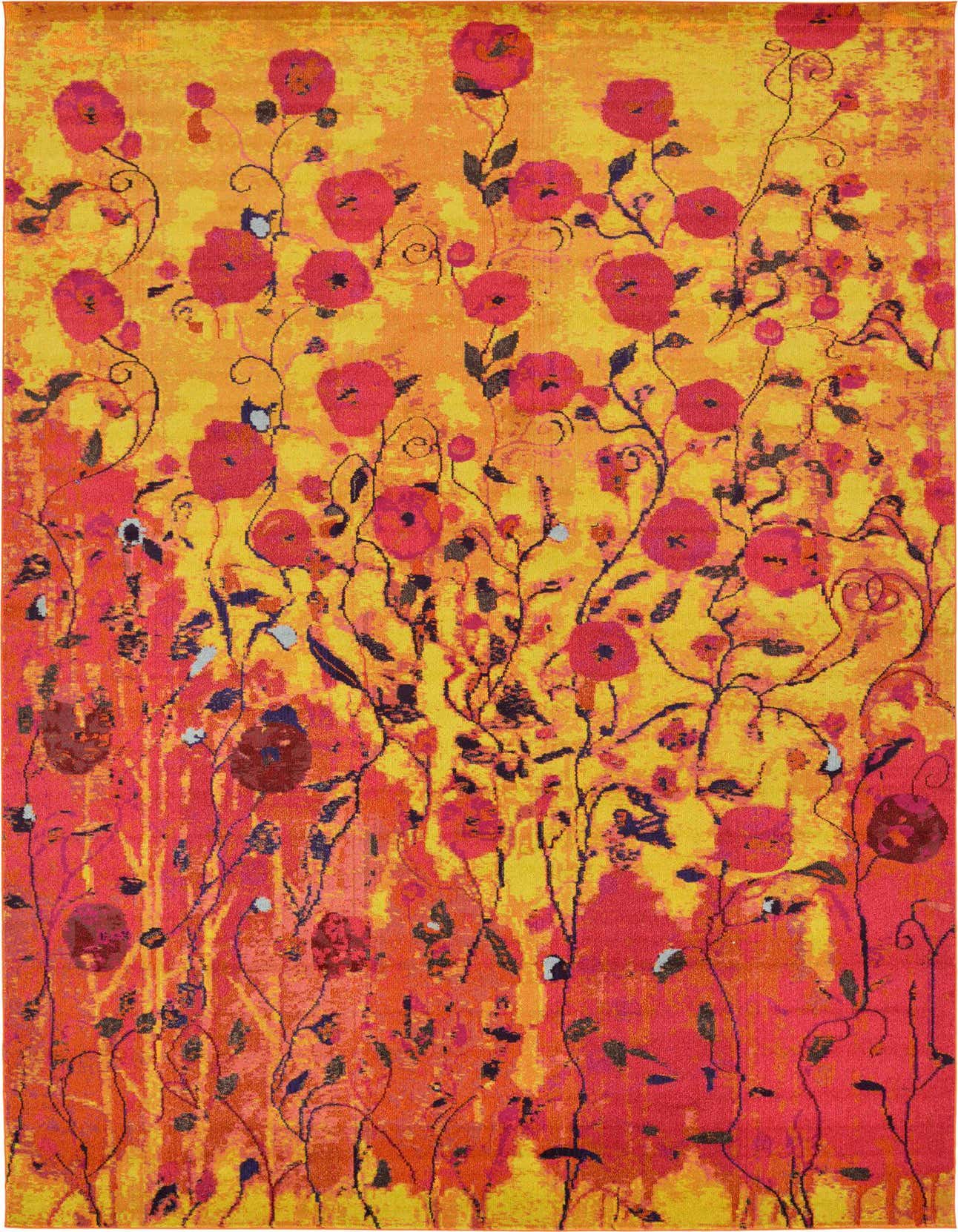 A vibrant rectangular Hyacinth rug featuring a modern botanical pattern of red and pink flowers on a yellow and gold background.