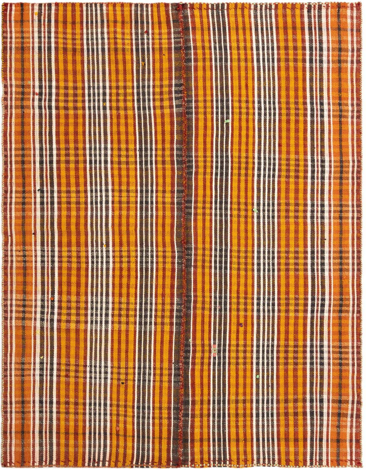 A 4x6 rectangular Jajim rug featuring vertical stripes in varying shades of yellow, gold, brown, black, and white.