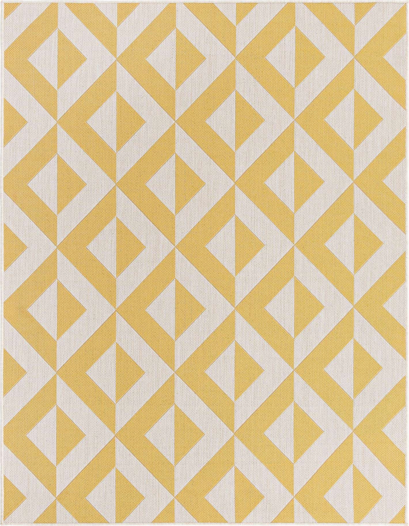 A 5x8 rectangular indoor/outdoor rug featuring a bold yellow and white geometric trellis pattern, ideal for a modern living room or patio.