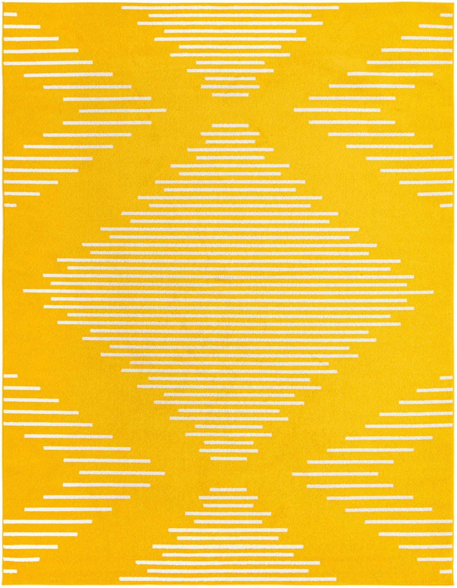 A vibrant 9x12 yellow rectangular area rug with a modern white striped diamond pattern, suitable for a living room.
