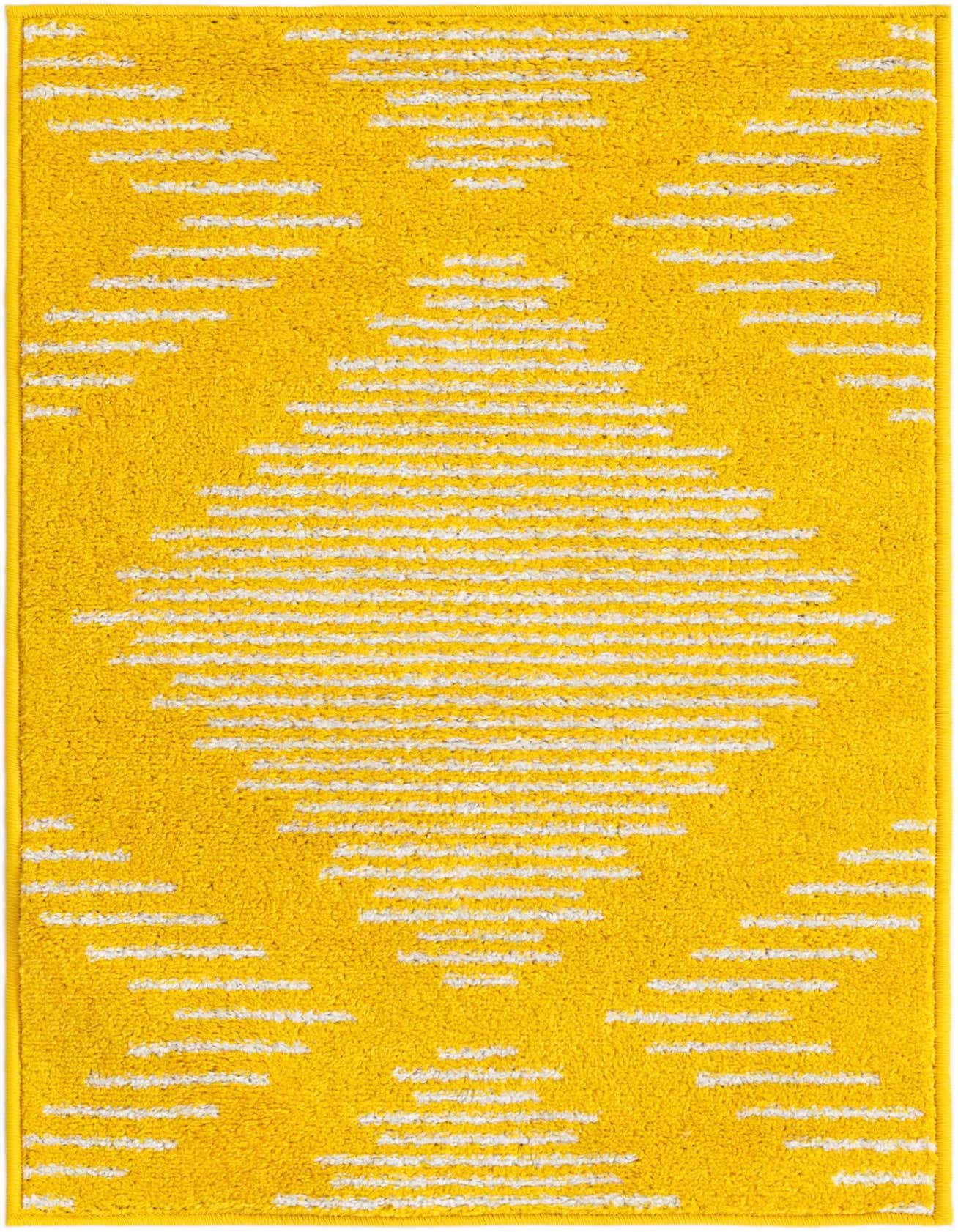 A 2x3 rectangular yellow rug with a modern white stripe pattern forming a central diamond and horizontal lines.