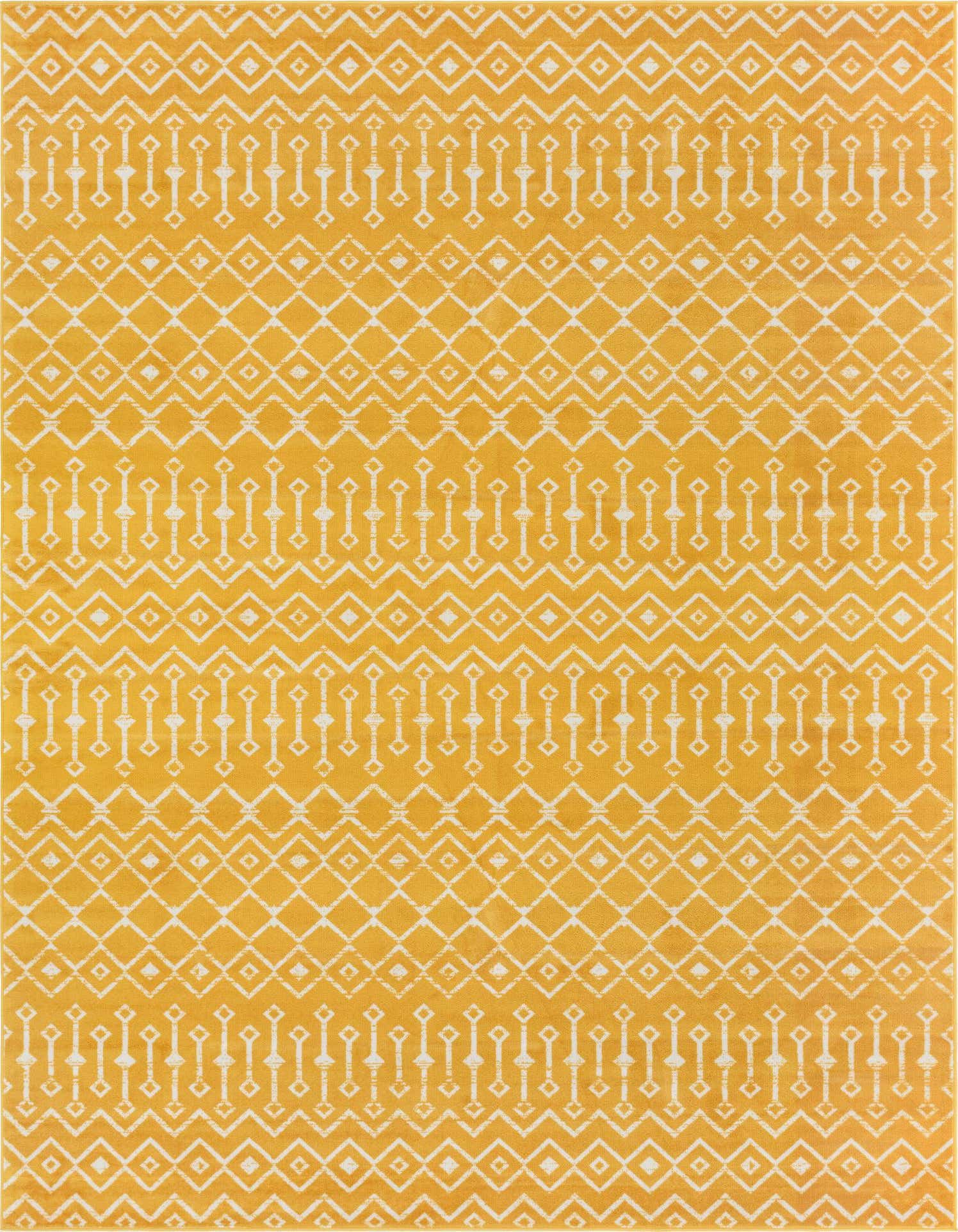 A 9x12 rectangular yellow area rug featuring a modern tribal trellis pattern in white, suitable for a living room.
