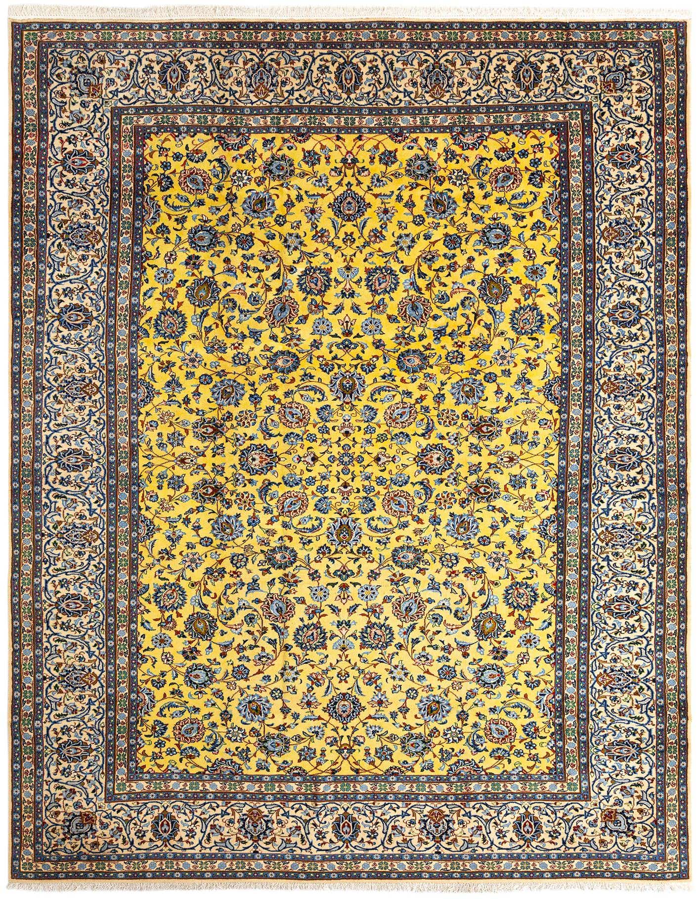 A 10x13 rectangular yellow Persian wool rug with intricate blue, red, and gold floral patterns and a detailed border.