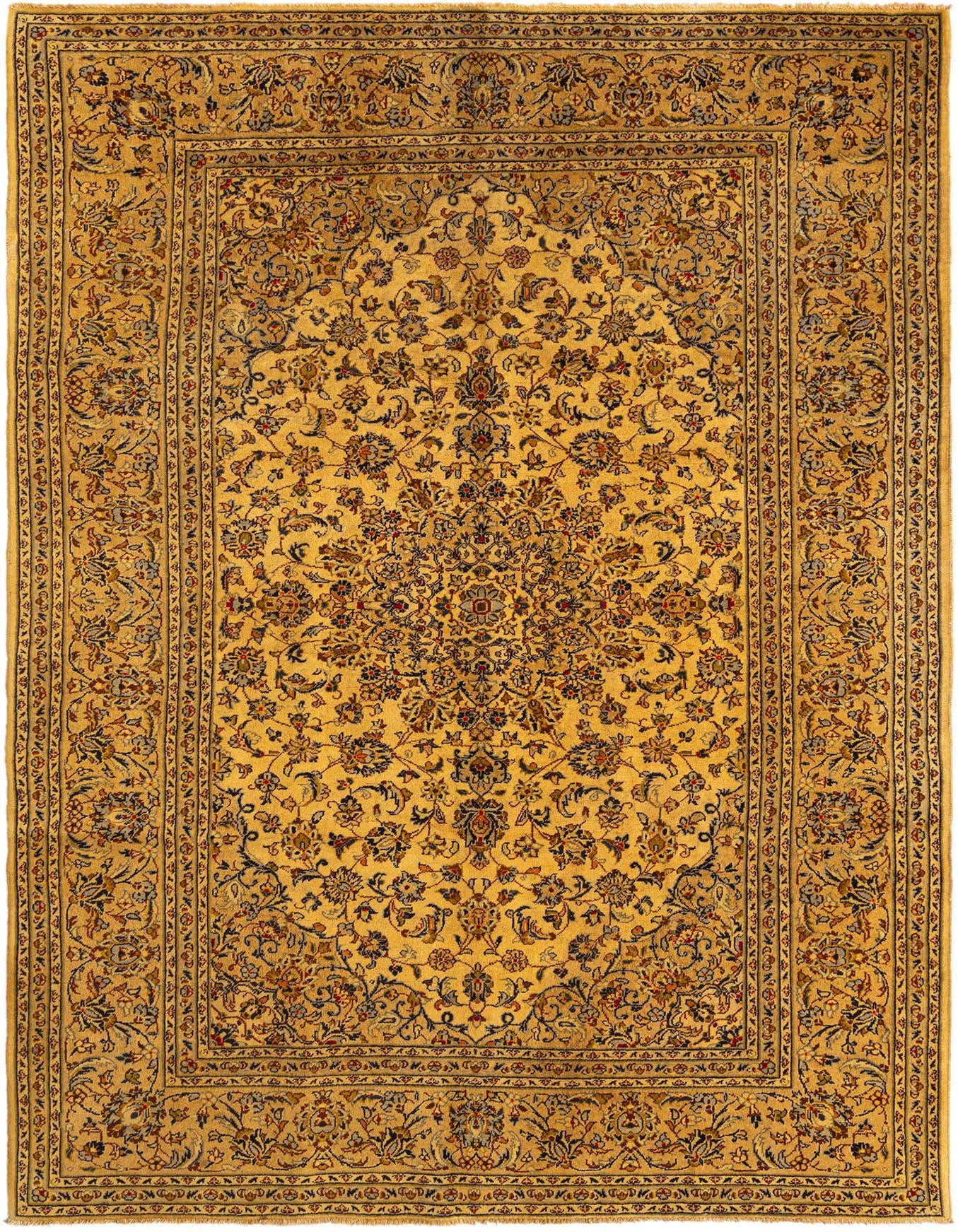 A 6x9 rectangular Kashan Persian rug in yellow and gold tones, featuring intricate floral and medallion patterns.