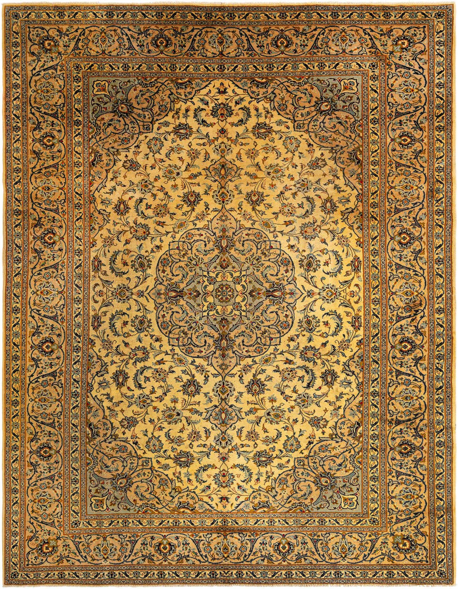 A 9x12 rectangular Kashan Persian wool rug in shades of yellow and gold, featuring intricate floral patterns and a central medallion.