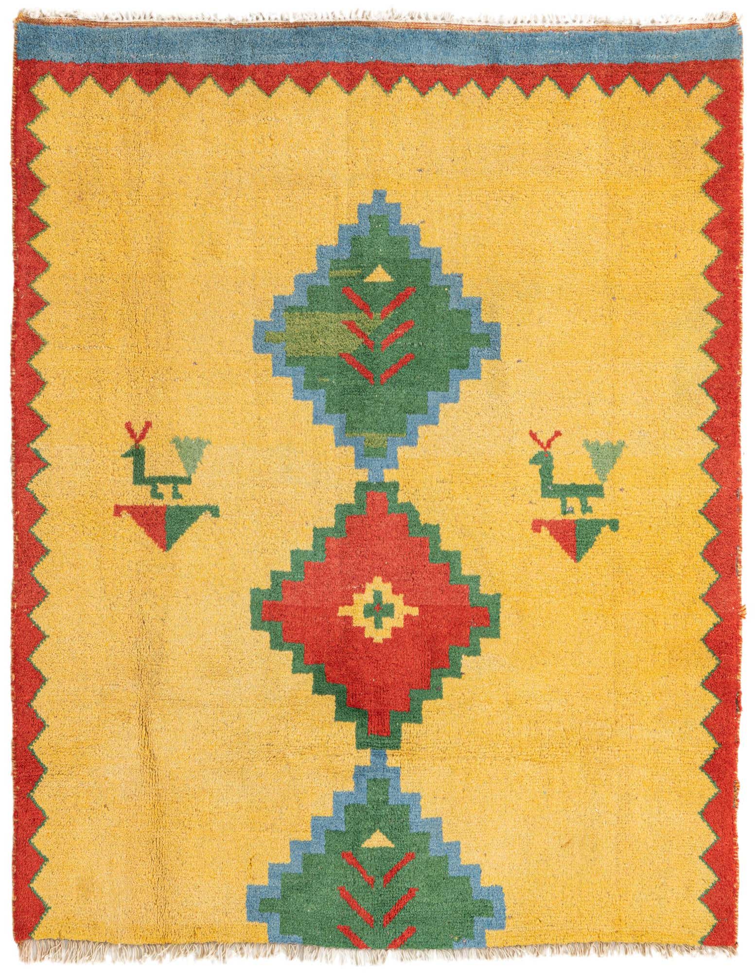 A 4x6 rectangular Kashkuli Gabbeh rug featuring a vibrant yellow field with abstract green, red, and blue geometric patterns and stylized animal motifs.