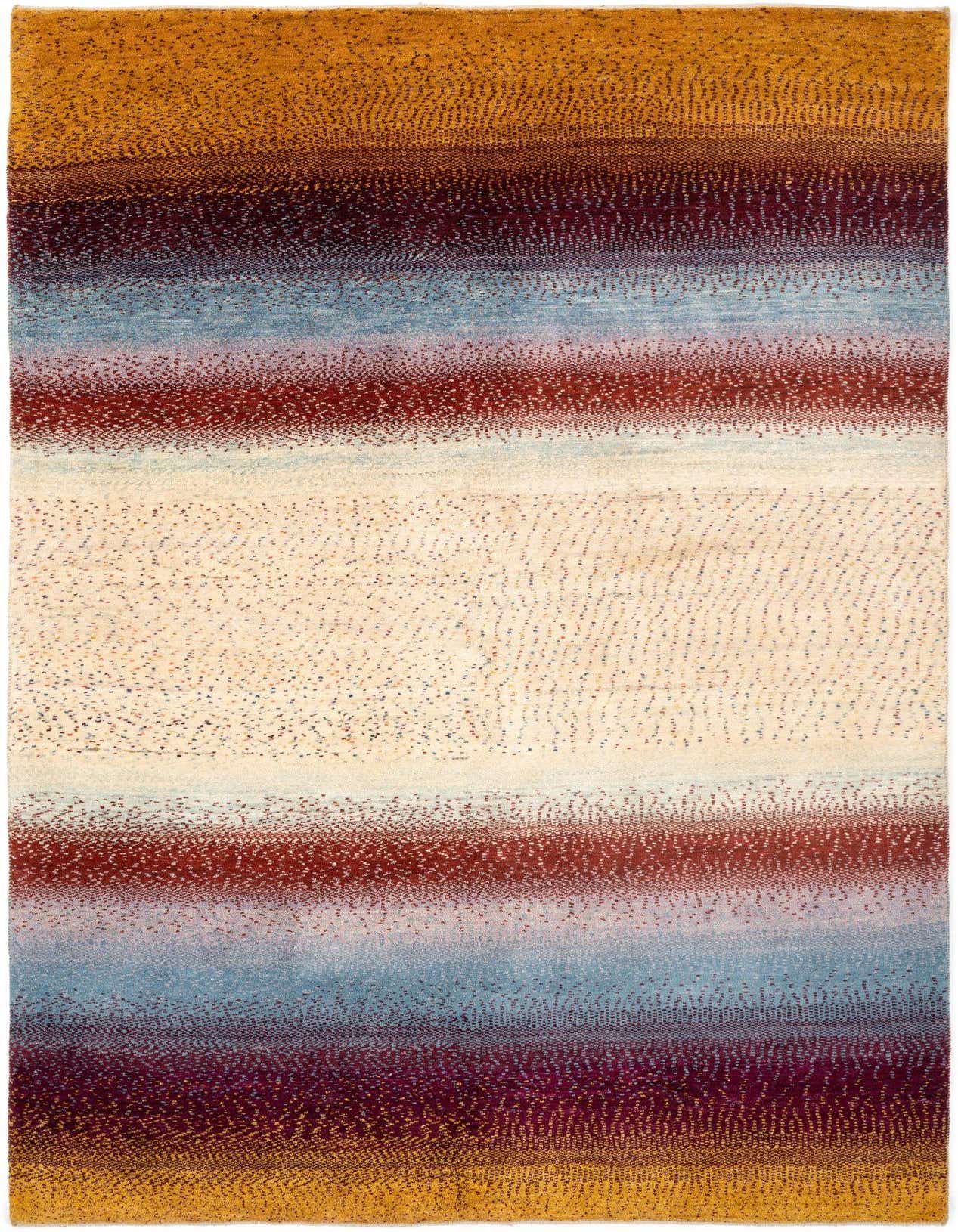 A 5x8 rectangular Kashkuli Persian wool rug featuring horizontal stripes in varying shades of yellow, gold, red, blue, and cream, with a textured, dotted pattern.