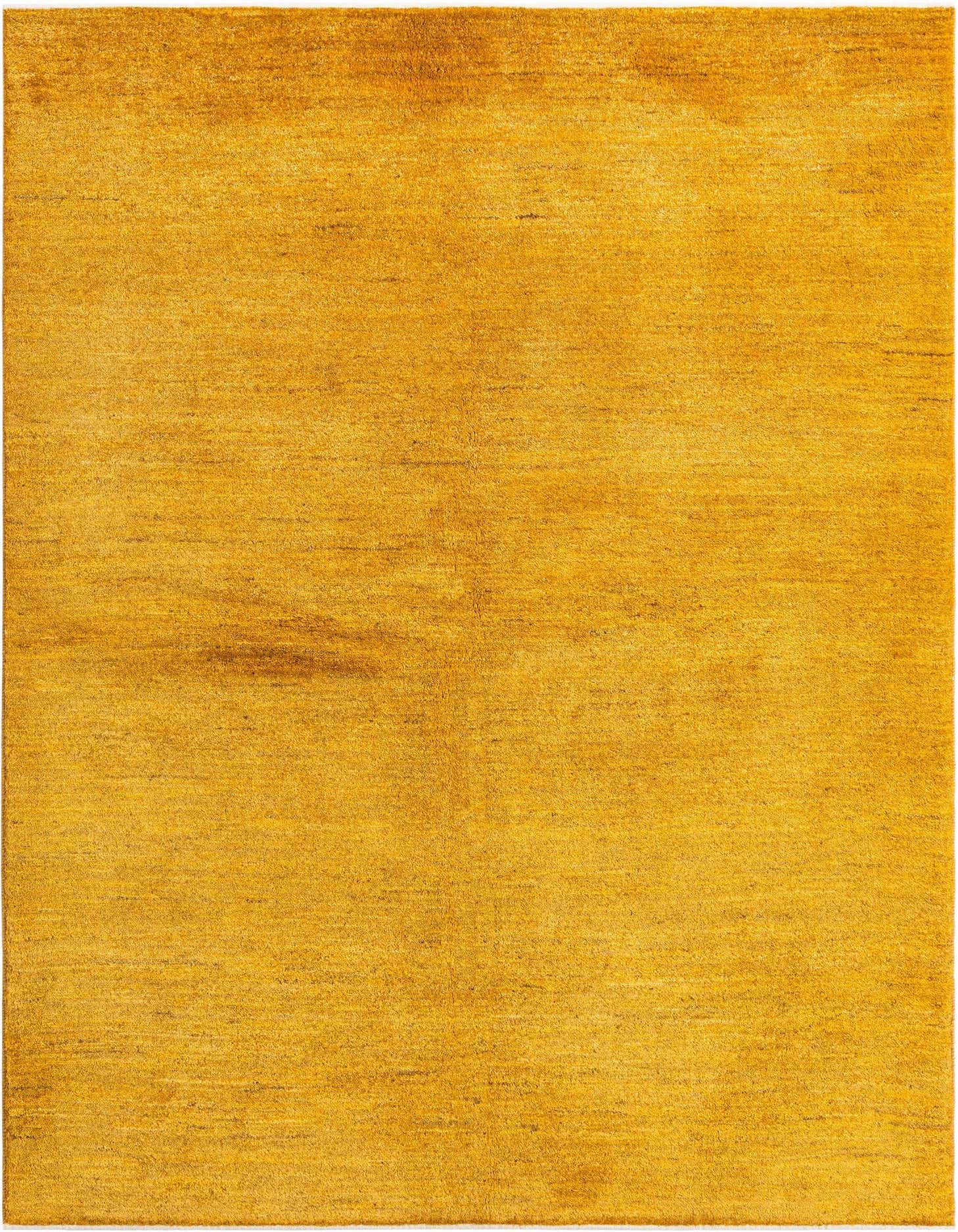 A 5x8 rectangular Kashkuli wool area rug in a vibrant golden yellow hue, handmade with a medium pile.