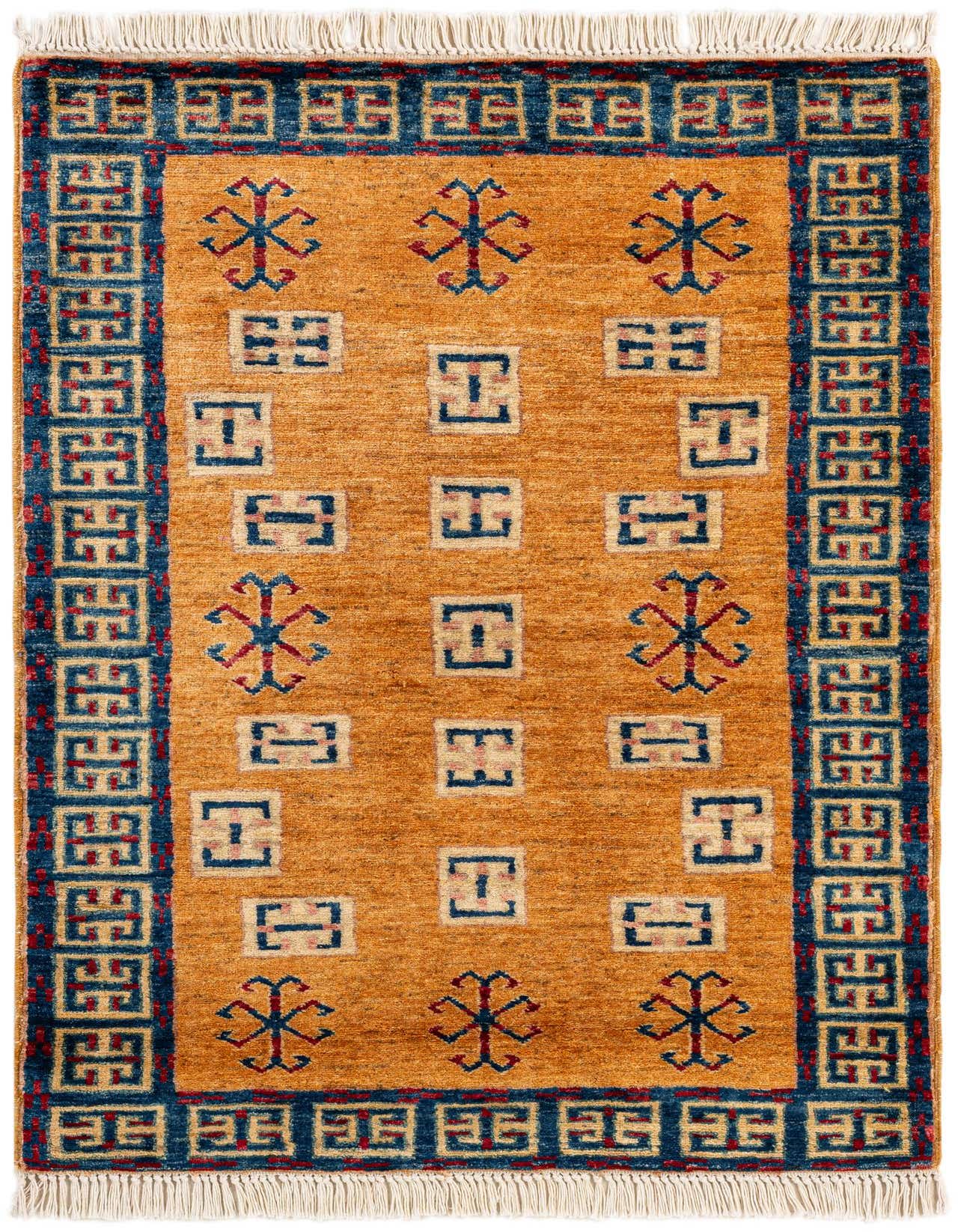 A 3x4 rectangular yellow and gold wool rug with a modern Oriental pattern and blue border, featuring red and blue geometric motifs.