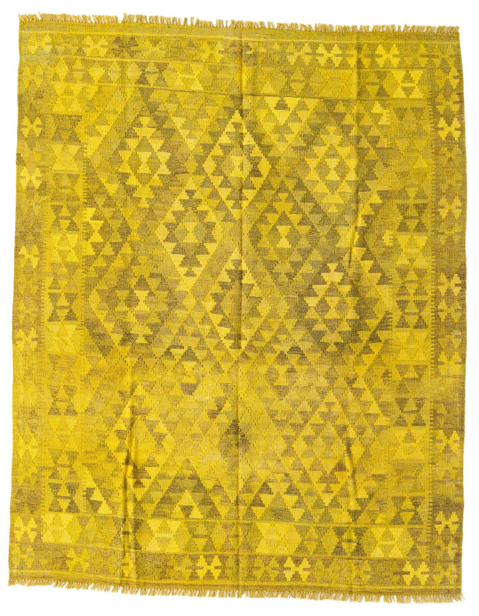 A 5x8 rectangular yellow and gold Kilim Fars flatweave rug with a tribal geometric pattern and fringed edges.