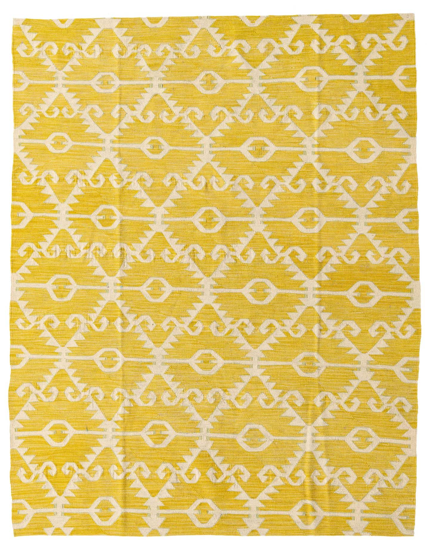 A 5x8 rectangular yellow and cream flatweave wool rug with a tribal geometric pattern, suitable for a living room.