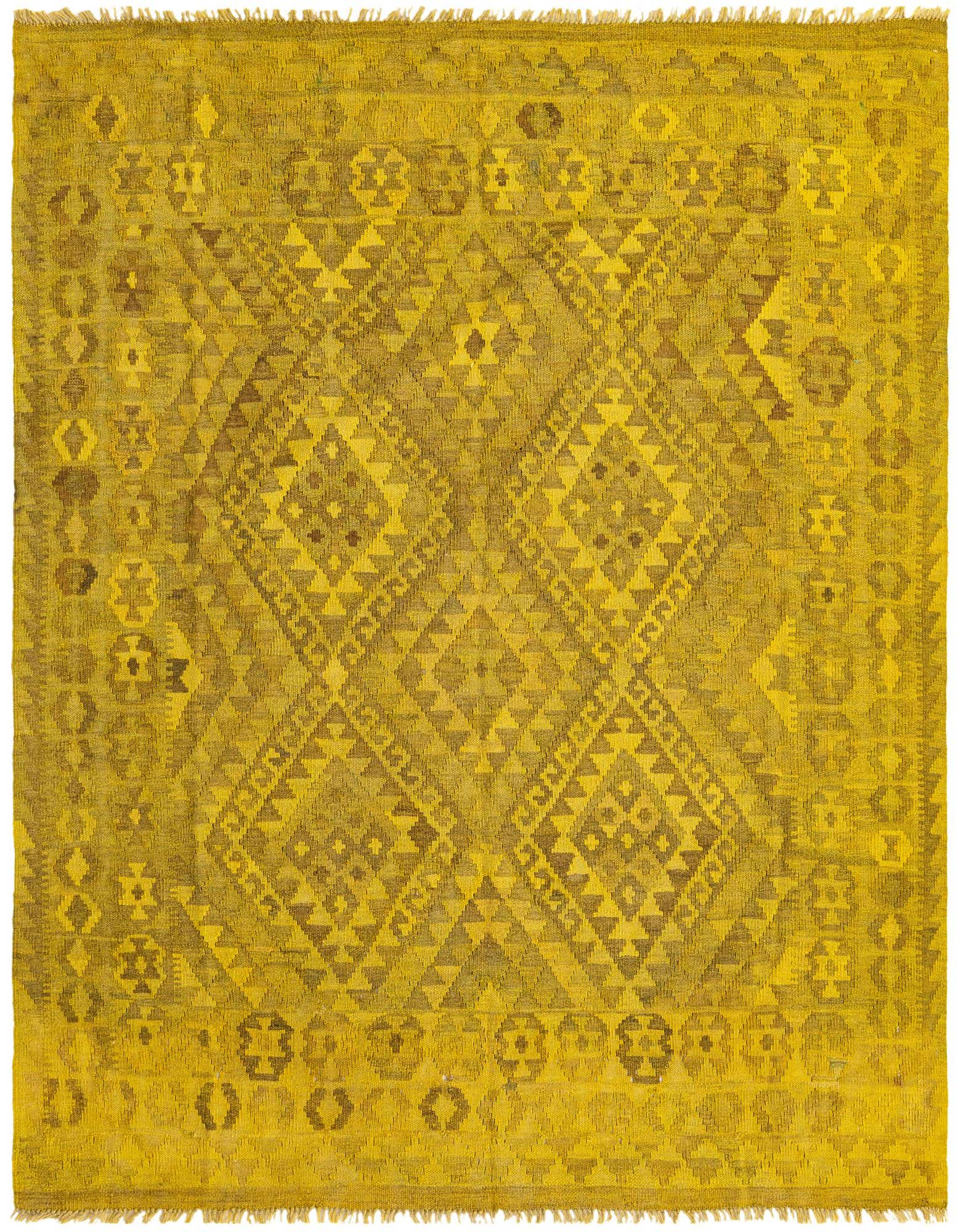 A 5x8 rectangular flatweave rug in varying shades of yellow and gold, featuring a tribal geometric pattern with diamond and triangular motifs.