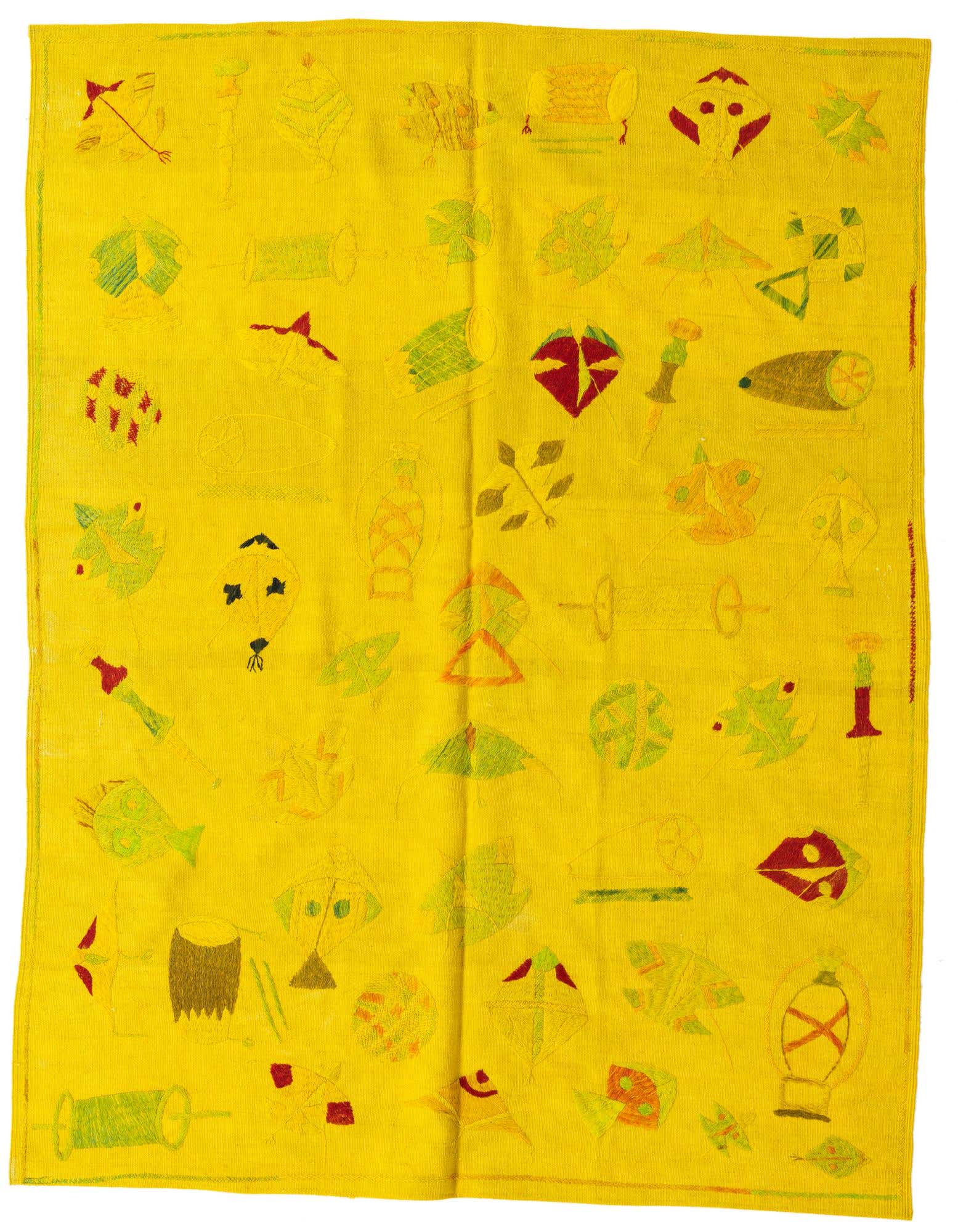 A 5x8 rectangular Kilim Suzani rug in bright yellow, featuring a flatweave with scattered tribal motifs in green, red, and brown.