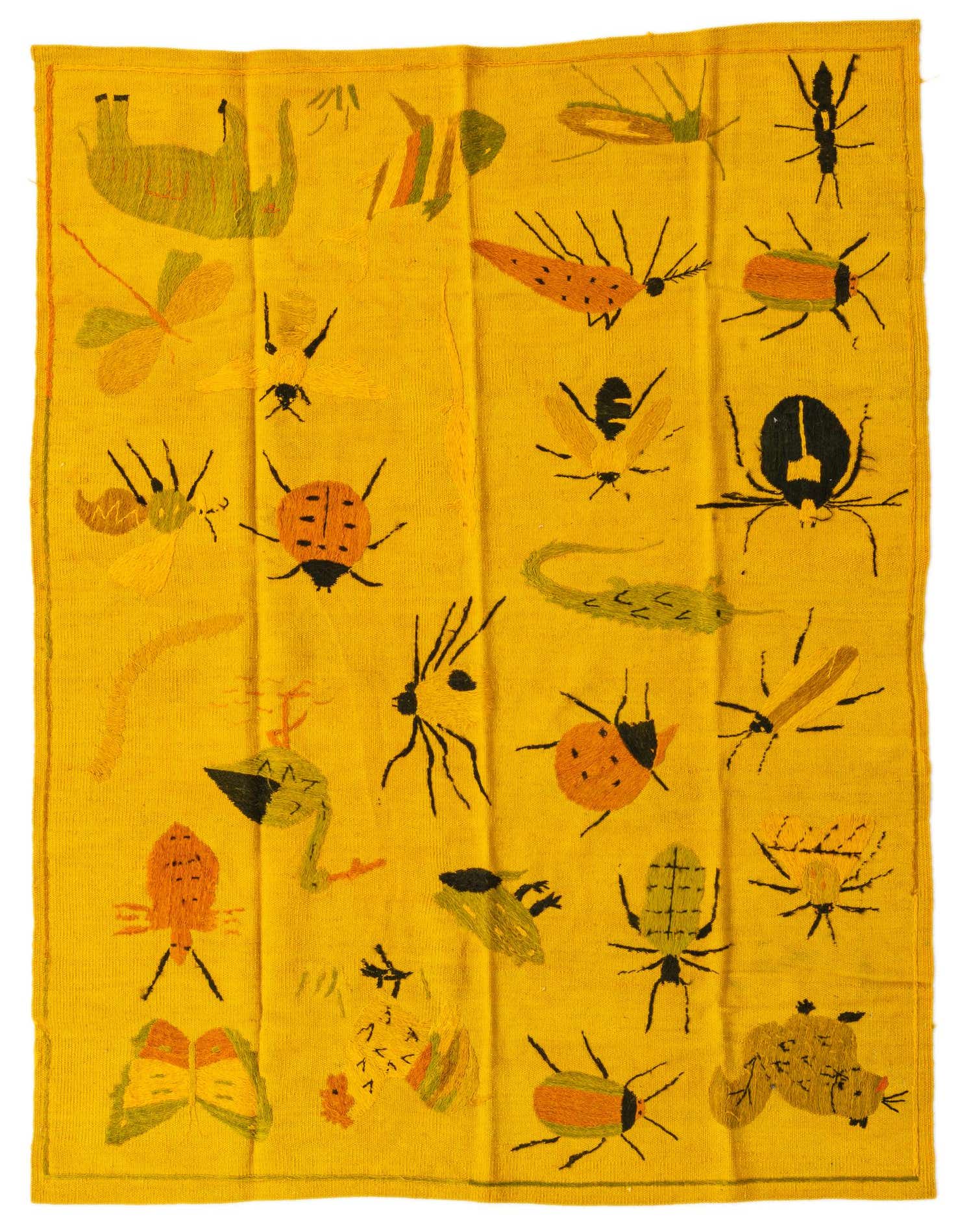 A 4x6 rectangular yellow Kilim Suzani rug with various tribal insect and animal motifs in black, orange, and green.