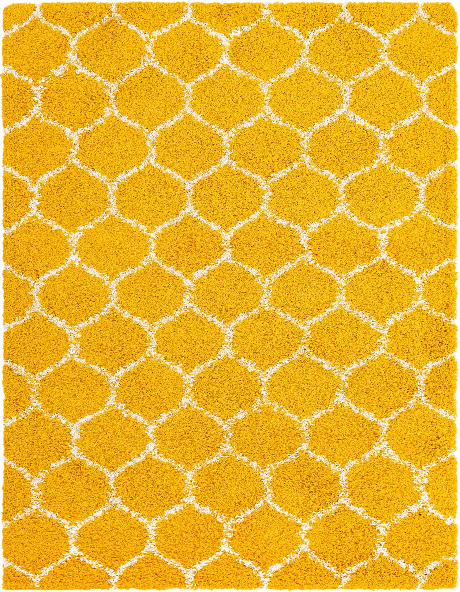 A vibrant 9x12 rectangular yellow shag rug with a modern white lattice pattern, perfect for a living room.