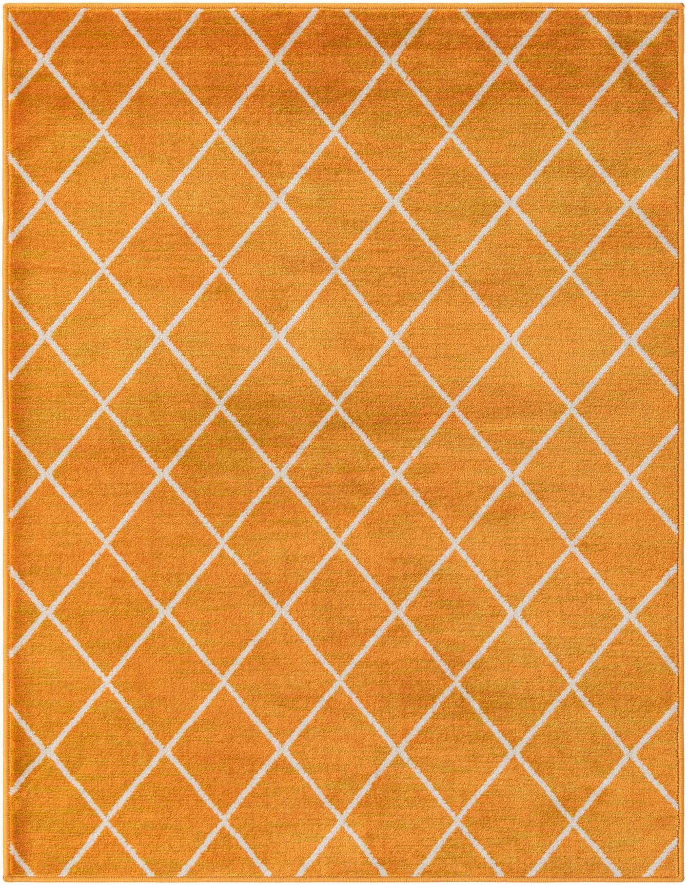A 4x6 rectangular yellow area rug with a modern white lattice trellis pattern, suitable for various indoor rooms.