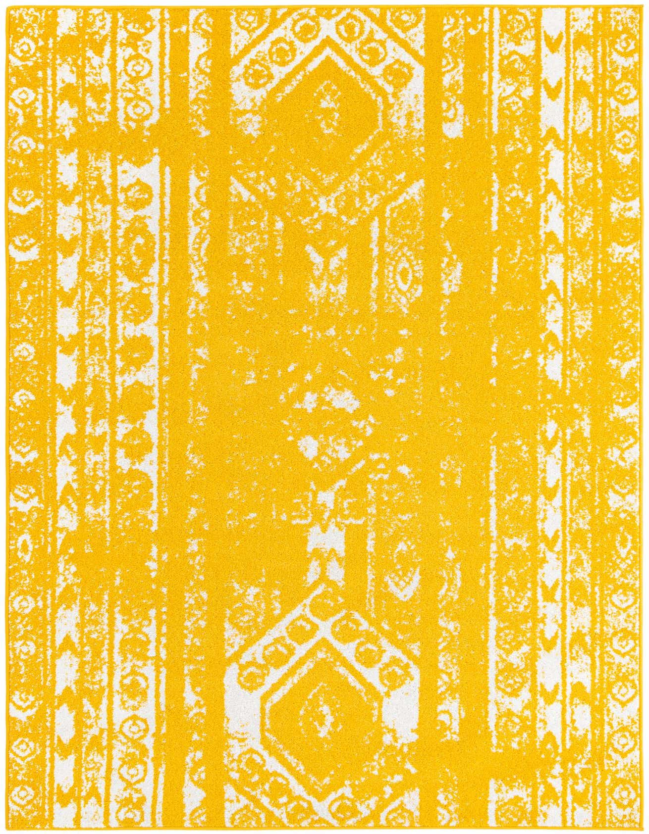 A 5x8 rectangular yellow and white Southwestern rug with tribal patterns and stripes, suitable for a living room.