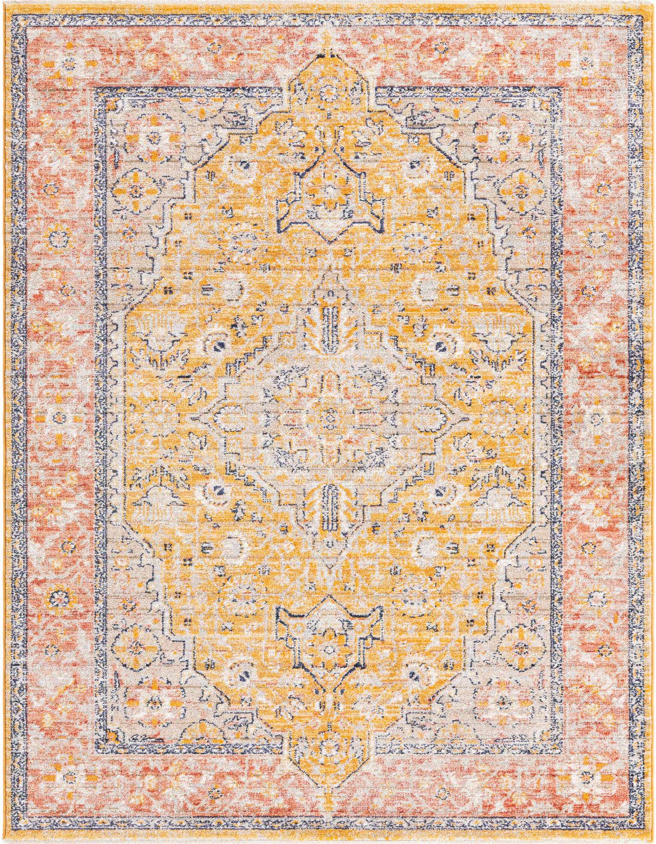 A 5x8 rectangular yellow and orange bohemian rug with a traditional medallion pattern, ideal for a living room.