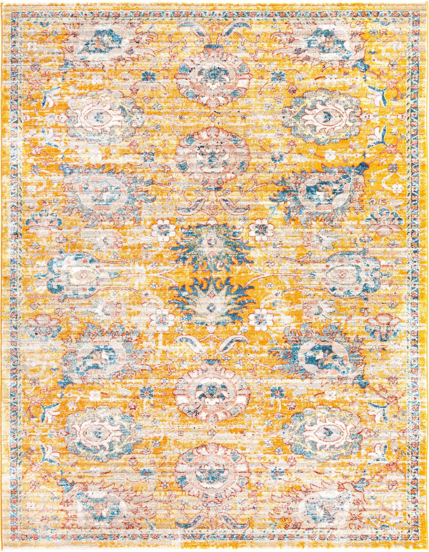 A 7x10 rectangular Lola Collection rug with a distressed traditional floral pattern in yellow, gold, blue, and hints of peach.