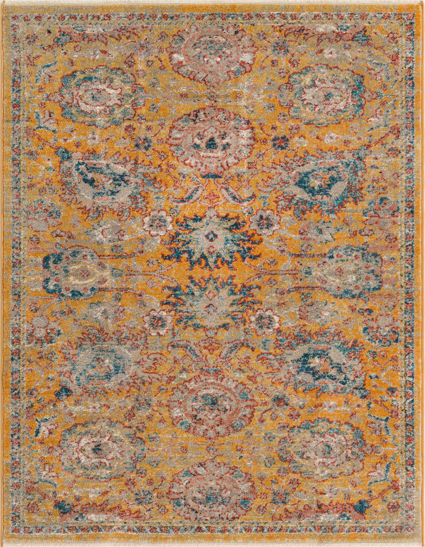 A 4x6 rectangular Lola collection rug by Rugs.com, featuring a distressed traditional floral pattern in yellow, gold, blue, and red tones.