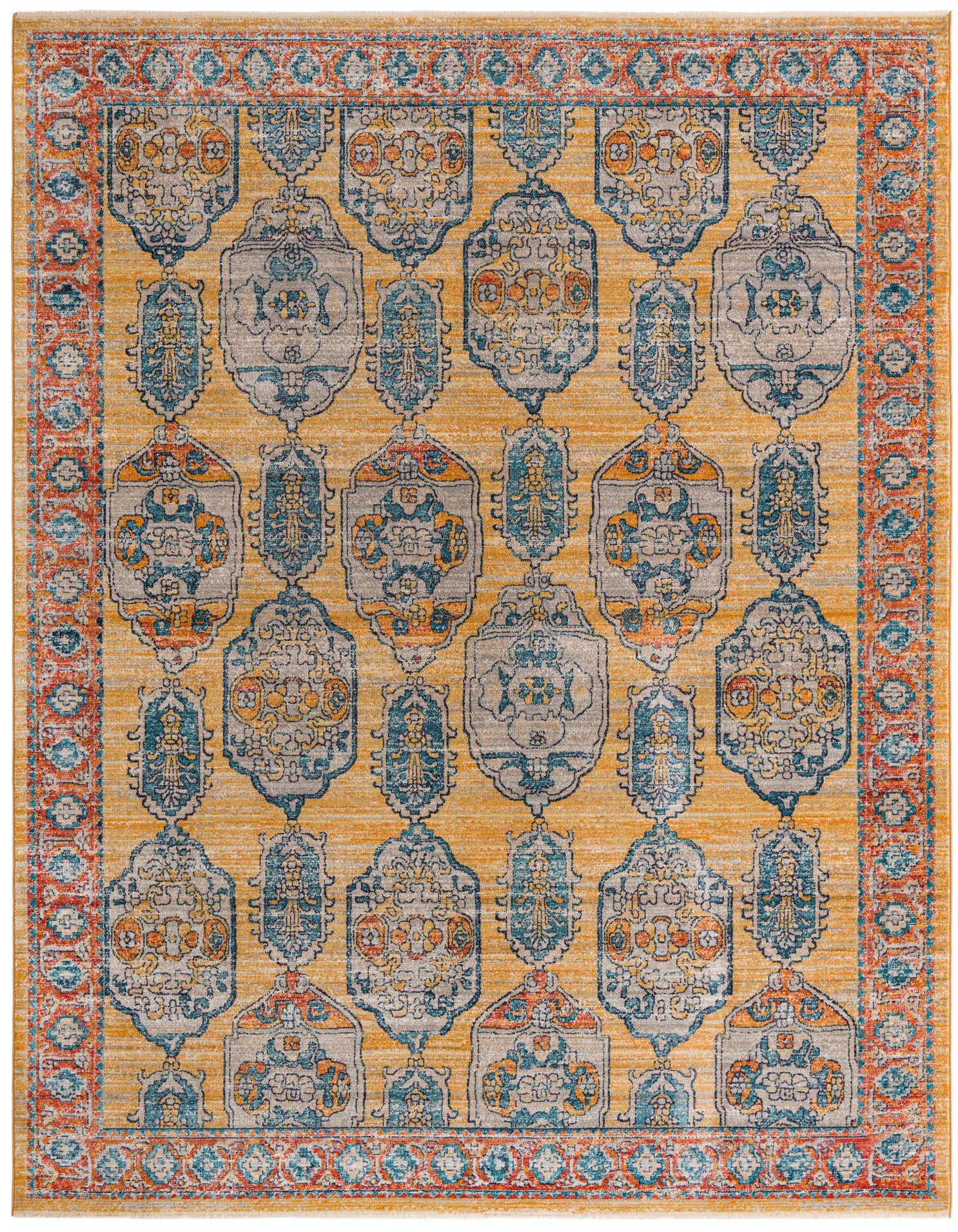 A 9x12 rectangular Lola rug featuring a distressed yellow-gold field with intricate blue, grey, and orange Bohemian and Traditional patterns, framed by a matching border.