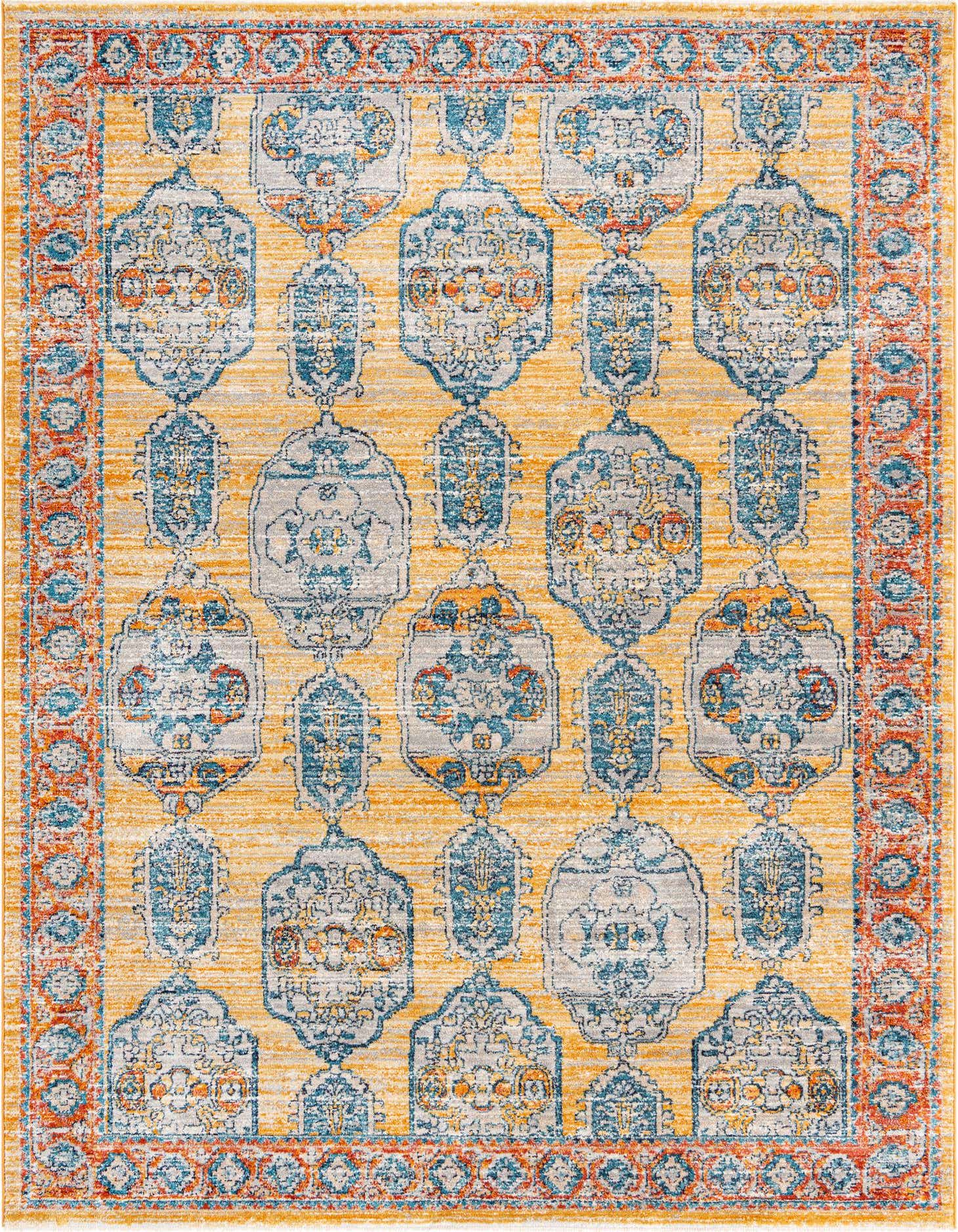 A 7x10 rectangular Lola Collection rug with a distressed yellow field, featuring ornate teal, grey, and orange Bohemian and Traditional patterns, and a detailed border.