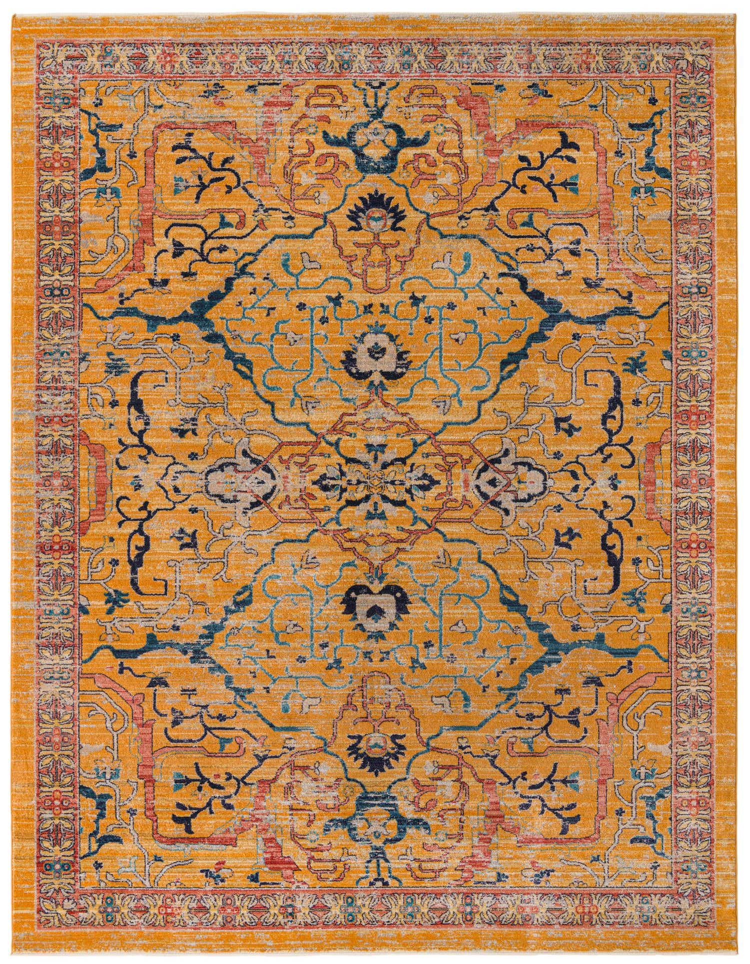 A 9x12 rectangular Lola Collection rug featuring a distressed traditional pattern in yellow, gold, blue, and red.